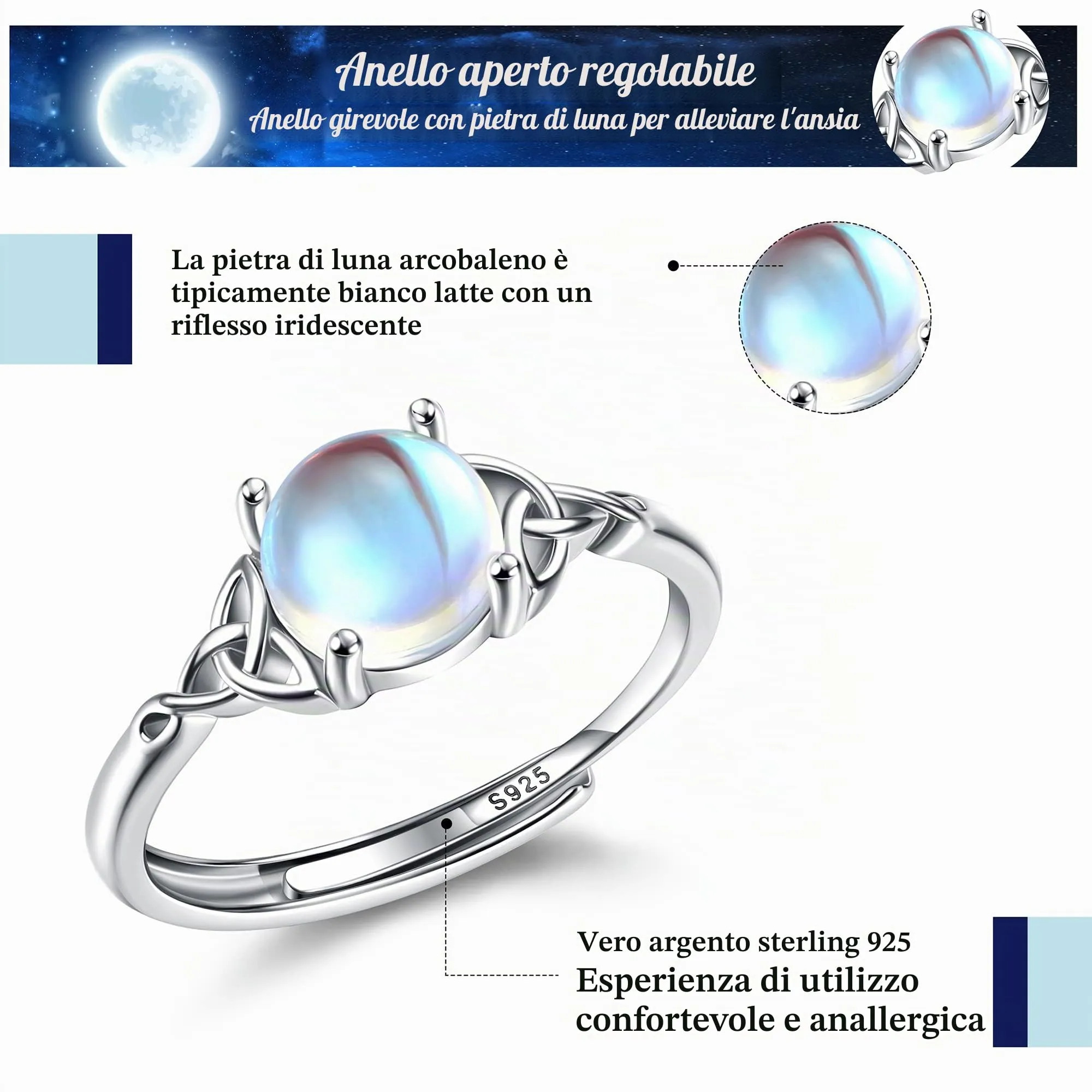 Milacolato Argento 925 Anello Regolabile per Donna - Pietre di Luna CZ con Triangolo Celtico Vintage, Cuore Ovale Rotondo Gioielli - immagine 7