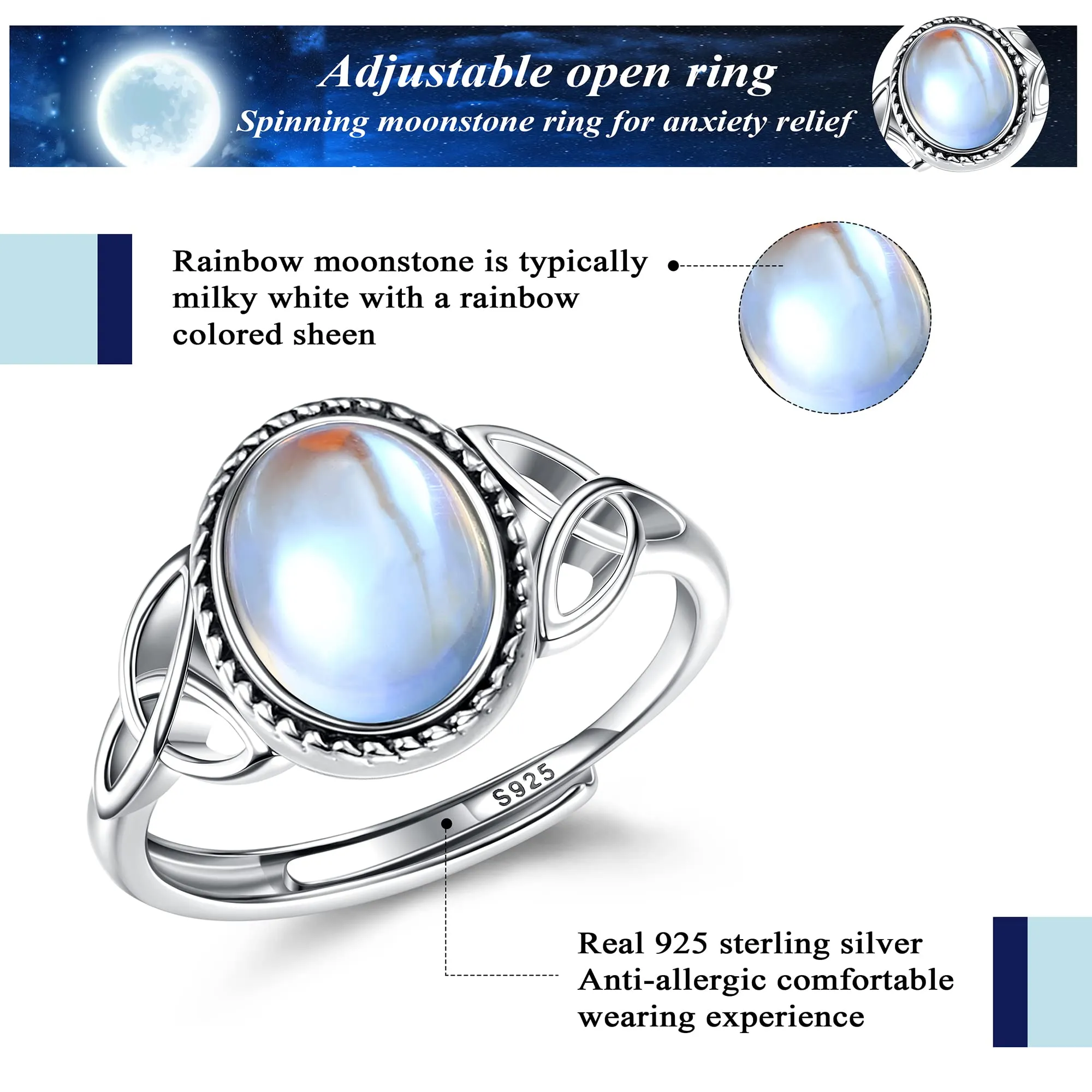 Milacolato Argento 925 Anello Regolabile per Donna - Pietre di Luna CZ Triangolo Celtico Vintage con Cuore Ovale Rotondo - immagine 7