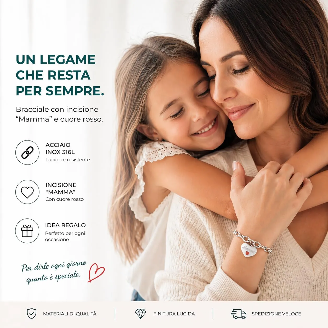 SAGA GIOIELLI® Bracciale Donna Catena Acciaio Cuore Regalo Festa Della Mamma - immagine 2