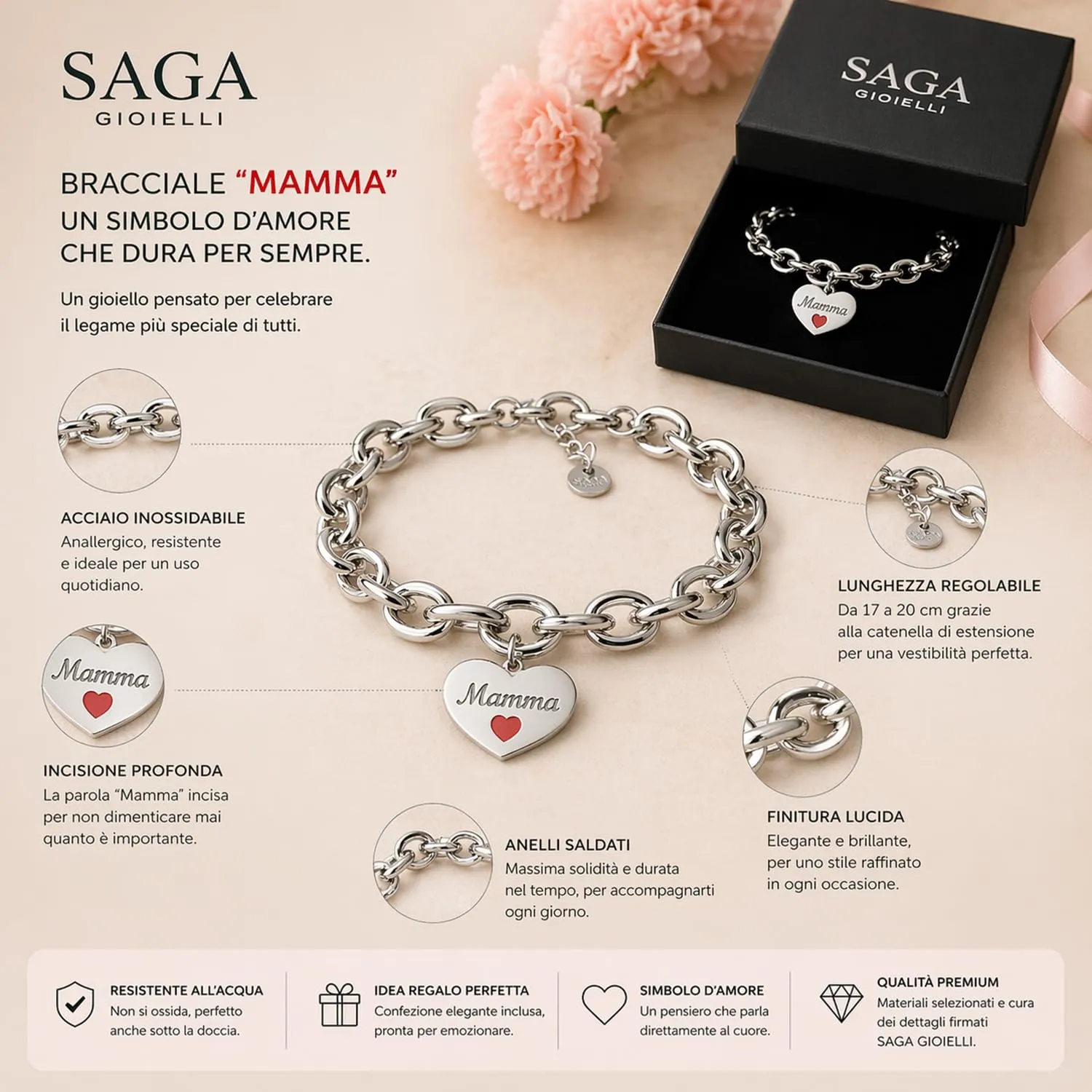 SAGA GIOIELLI® Bracciale Donna Catena Acciaio Cuore Regalo Festa Della Mamma - immagine 3