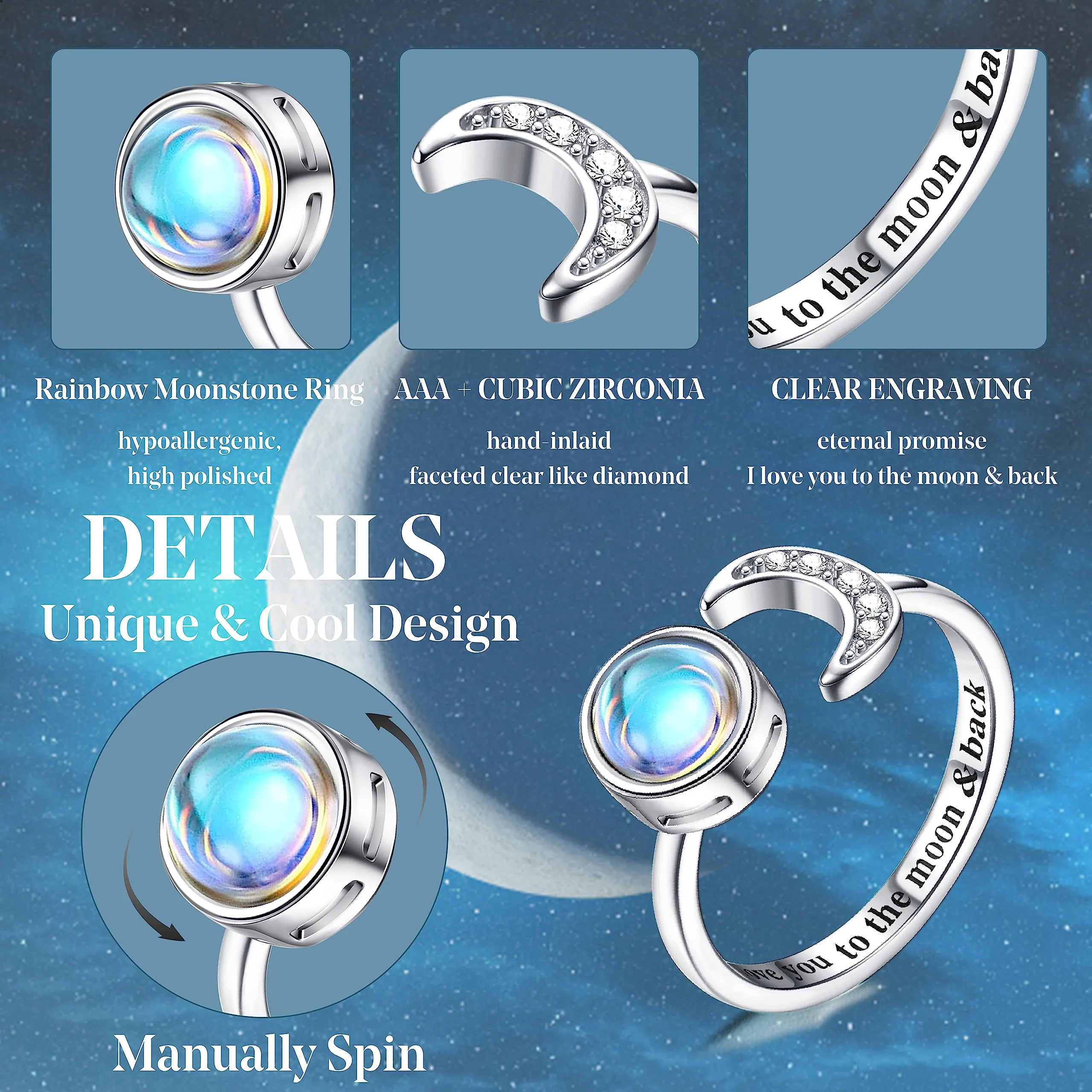 Milacolato Anello Antistress Regolabile Donna Ragazza Argento Loto Fiore Girasole Pietra di Luna Stellata Opale Fidget Anello di Ansia di Spinner Fantasia Gioielli Pietra di luna rotonda - immagine 2