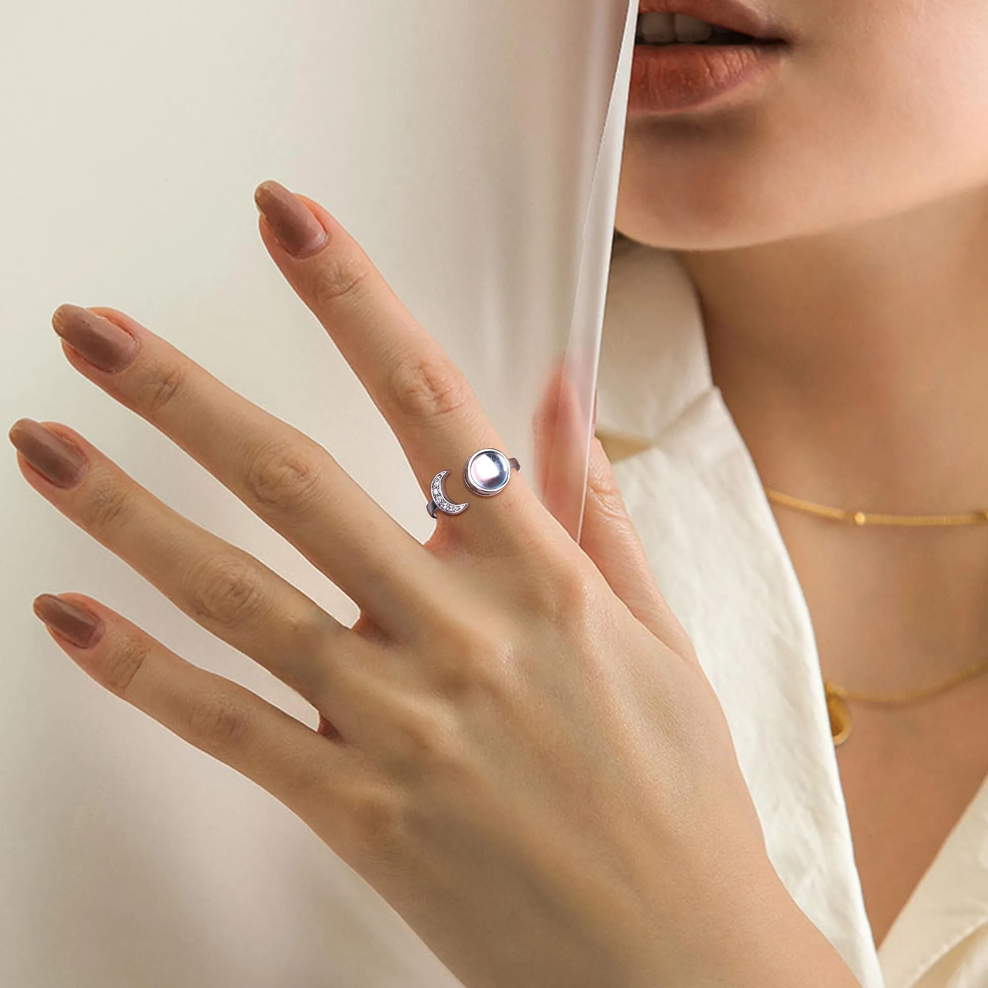 Milacolato Anello Antistress Regolabile Donna Ragazza Argento Loto Fiore Girasole Pietra di Luna Stellata Opale Fidget Anello di Ansia di Spinner Fantasia Gioielli Pietra di luna rotonda - immagine 4