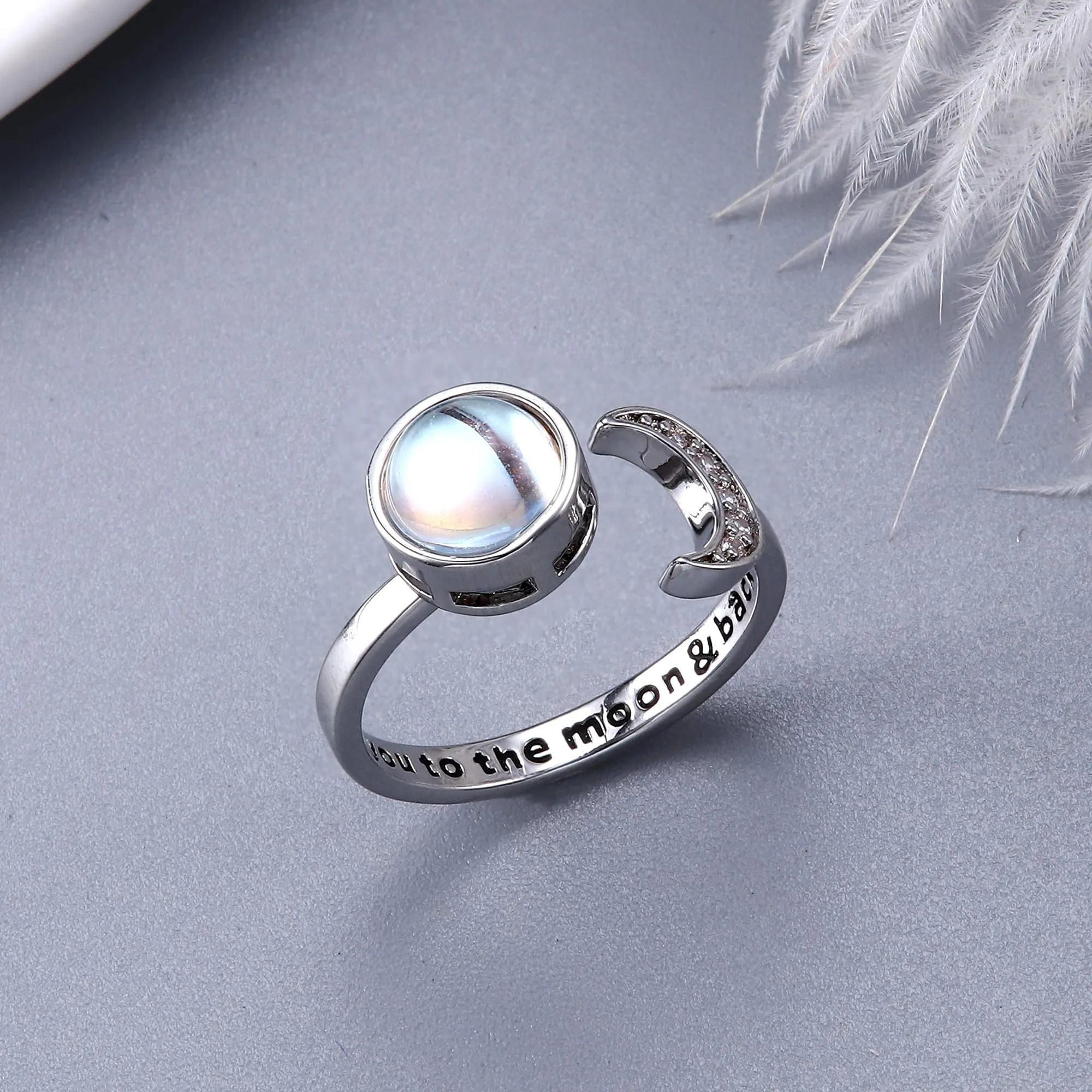 Milacolato Anello Antistress Regolabile Donna Ragazza Argento Loto Fiore Girasole Pietra di Luna Stellata Opale Fidget Anello di Ansia di Spinner Fantasia Gioielli Pietra di luna rotonda - immagine 5