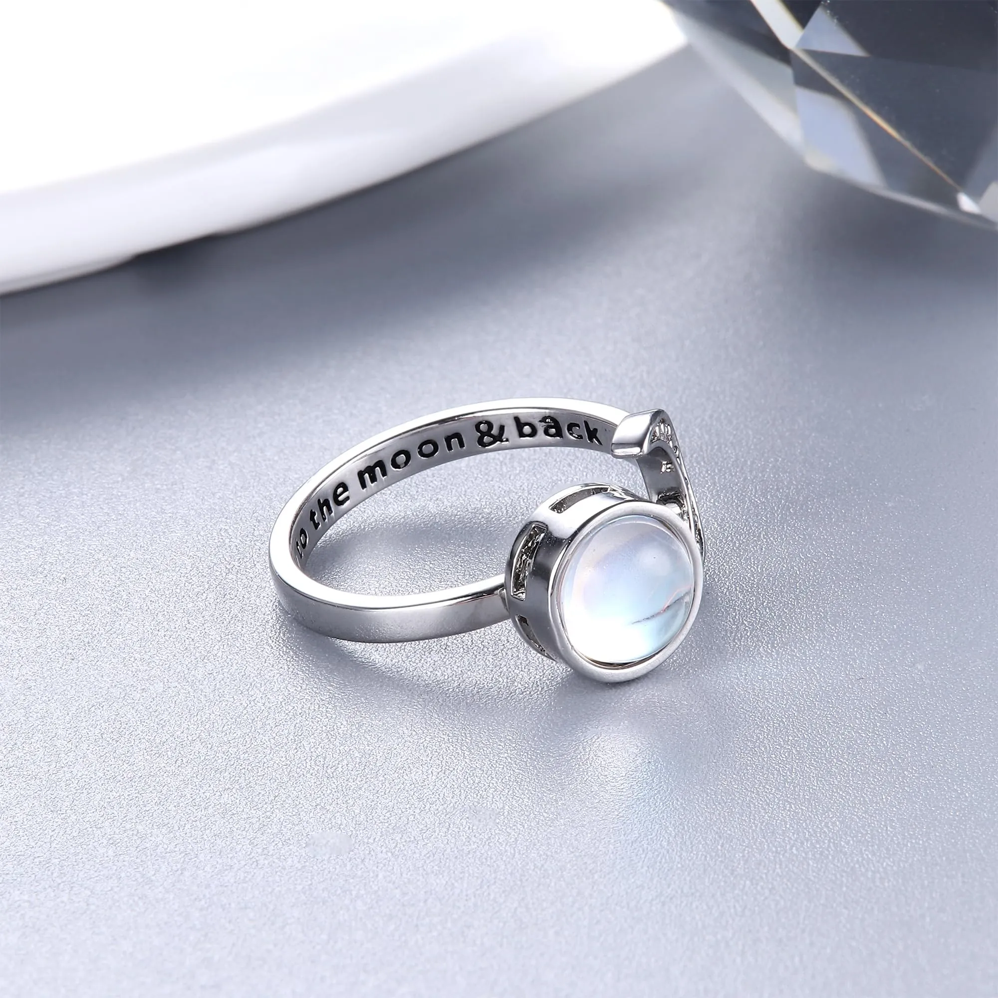 Milacolato Anello Antistress Regolabile Donna Ragazza Argento Loto Fiore Girasole Pietra di Luna Stellata Opale Fidget Anello di Ansia di Spinner Fantasia Gioielli Pietra di luna rotonda - immagine 6