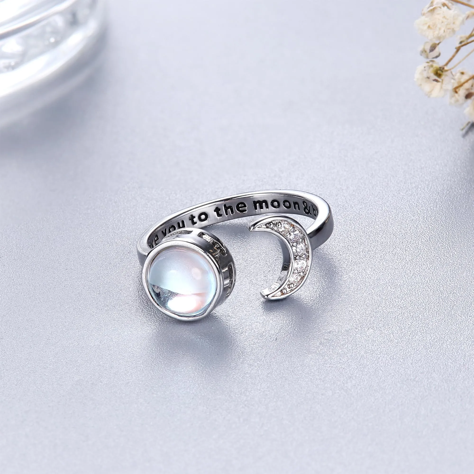 Milacolato Anello Antistress Regolabile Donna Ragazza Argento Loto Fiore Girasole Pietra di Luna Stellata Opale Fidget Anello di Ansia di Spinner Fantasia Gioielli Pietra di luna rotonda - immagine 7
