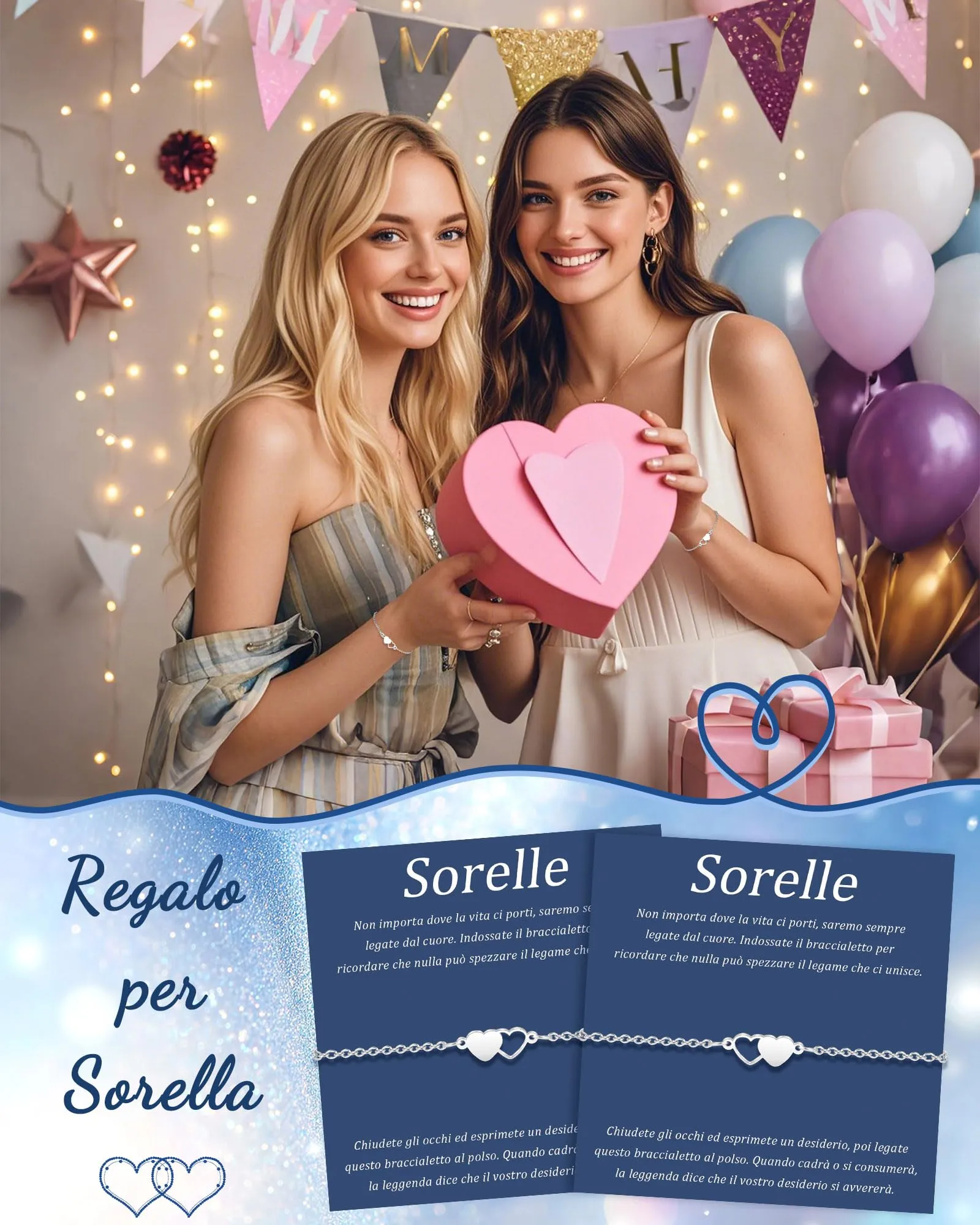 SUNSH 2 Bracciali per Sorelle, Regalo per Migliori Amiche, Bracciali per Ragazze a Forma Di Cuore in Acciaio Inossidabile, Regali per Migliori Sorelle, Compleanno/Natale/Festa-2 - immagine 2