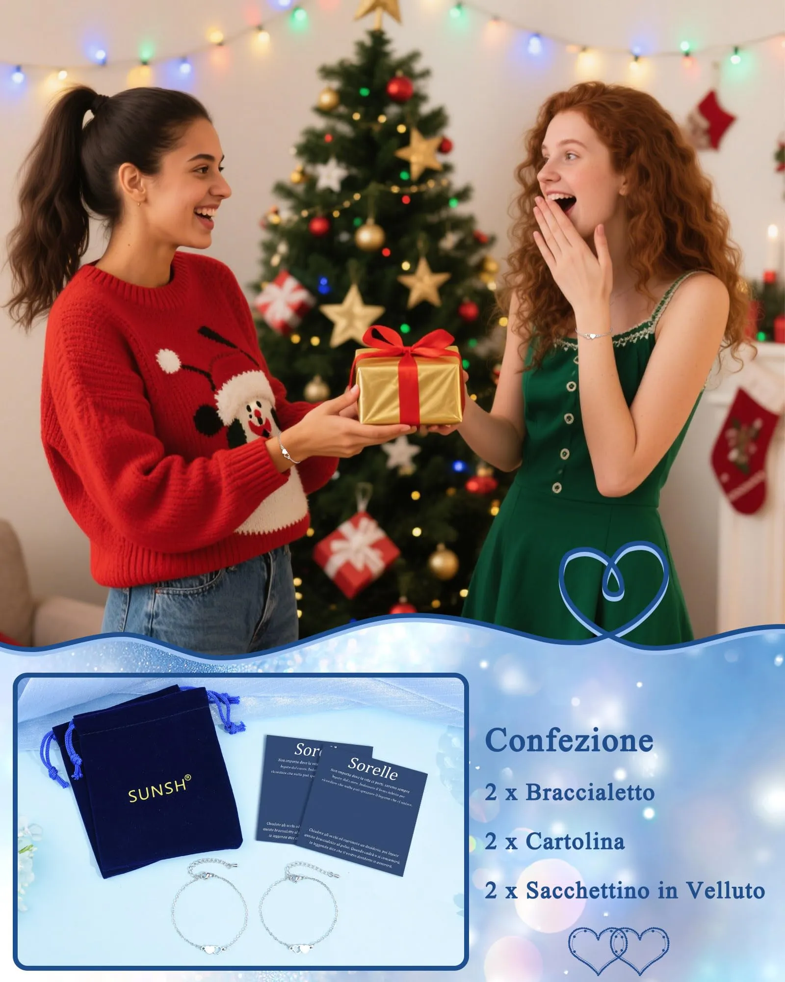 SUNSH 2 Bracciali per Sorelle, Regalo per Migliori Amiche, Bracciali per Ragazze a Forma Di Cuore in Acciaio Inossidabile, Regali per Migliori Sorelle, Compleanno/Natale/Festa-2 - immagine 5
