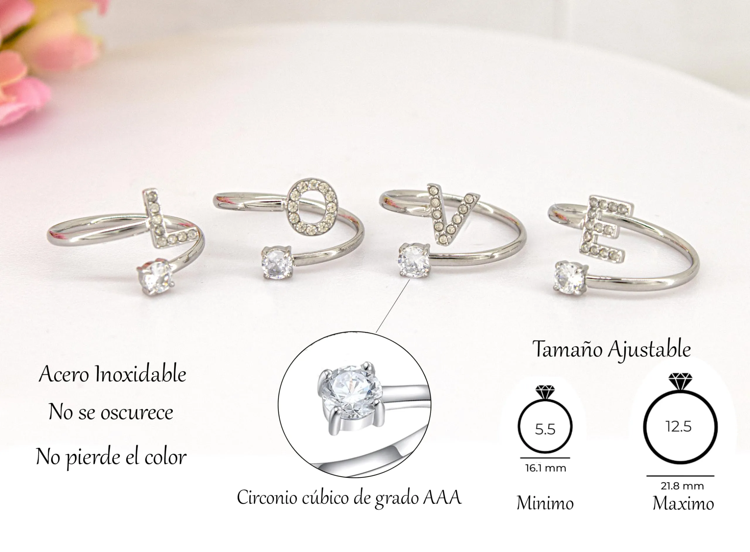 Only faith Anelli con lettera iniziale regolabile per le donne, con brillanti di zirconi, acciaio inossidabile, anelli con lettera aperta per gioielli di moda da donna - immagine 4