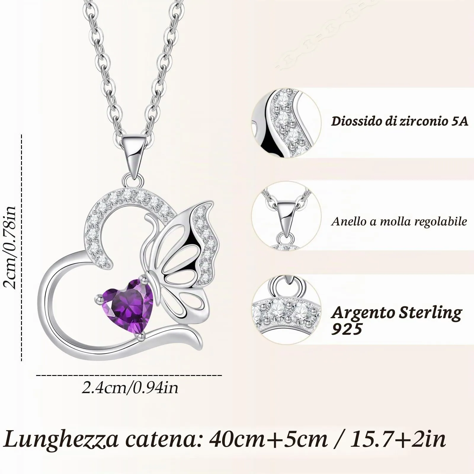Collana Donna Argento 925 Collana Cuore Farfalla Febbraio Birthstone Necklace Idee Regalo Gioielli Donna per Mogile/Sorella/Amiche Regali Anniversario Compleanno Festa della Mamma Valentin’s Day - immagine 2