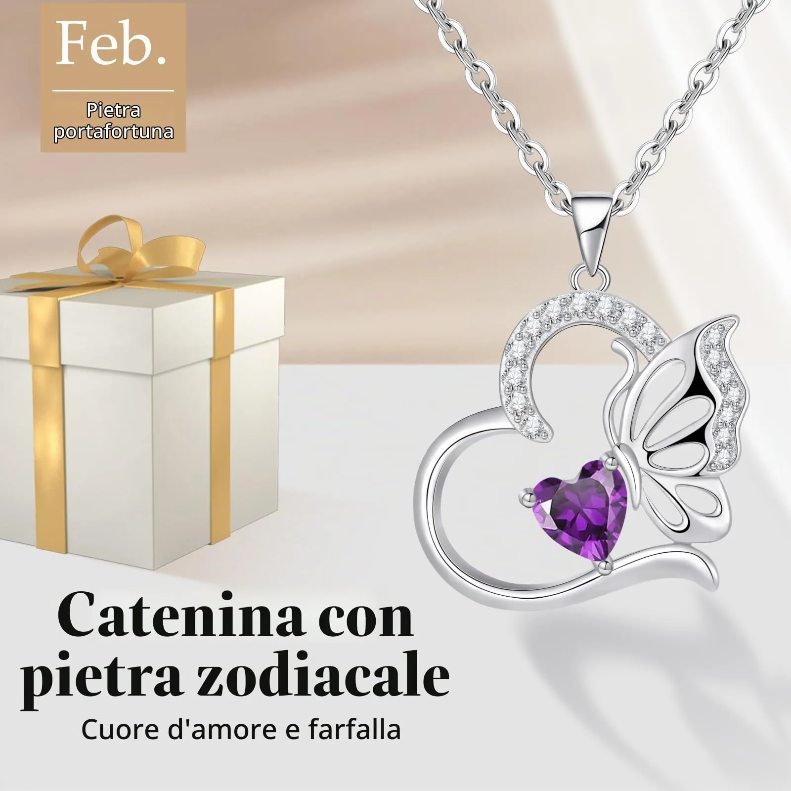 Collana Donna Argento 925 Collana Cuore Farfalla Febbraio Birthstone Necklace Idee Regalo Gioielli Donna per Mogile/Sorella/Amiche Regali Anniversario Compleanno Festa della Mamma Valentin’s Day - immagine 4
