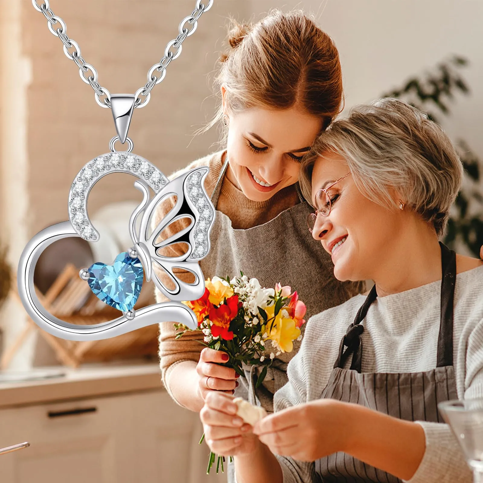 Collana Donna Argento 925 Collana Cuore Farfalla Marzo Birthstone Necklace Idee Regalo Gioielli Donna per Mogile/Sorella/Amiche Regali Anniversario Compleanno Festa della Mamma Valentin’s Day - immagine 8