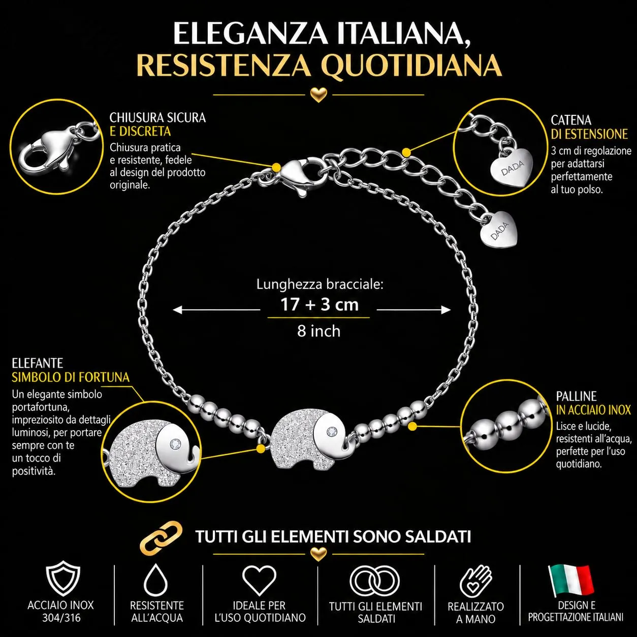 Dada Gioielli - Bracciale Donna Quadrifoglio Coccinella Elefantino Portafortuna Acciaio (Elefante) - immagine 4