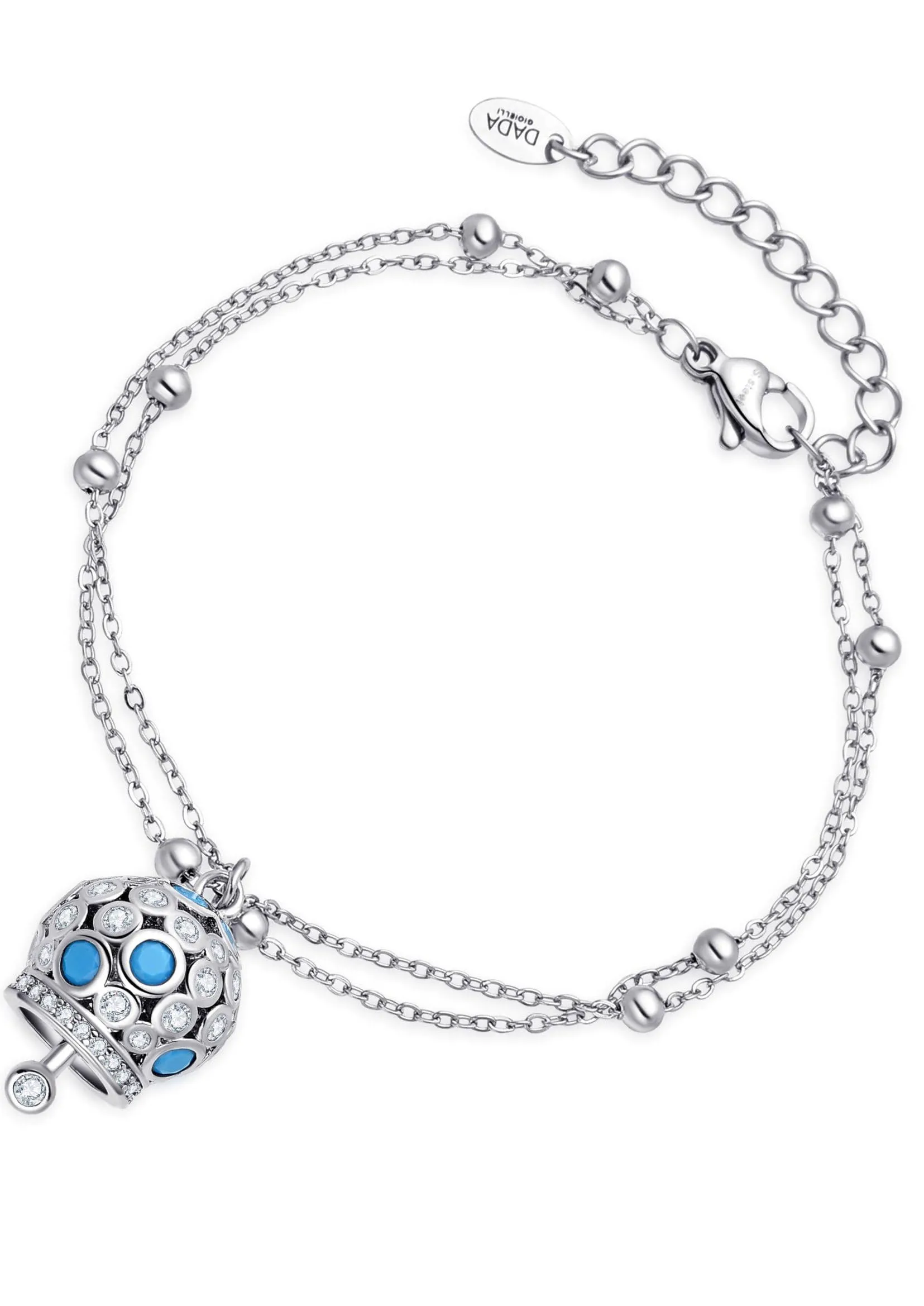 Dada Gioielli - Bracciale Campanella Capri con Pietre Brillanti Colorate e Catenina Rosario Elegante 16,5 + 3 cm (Turchese Argento) - immagine 3