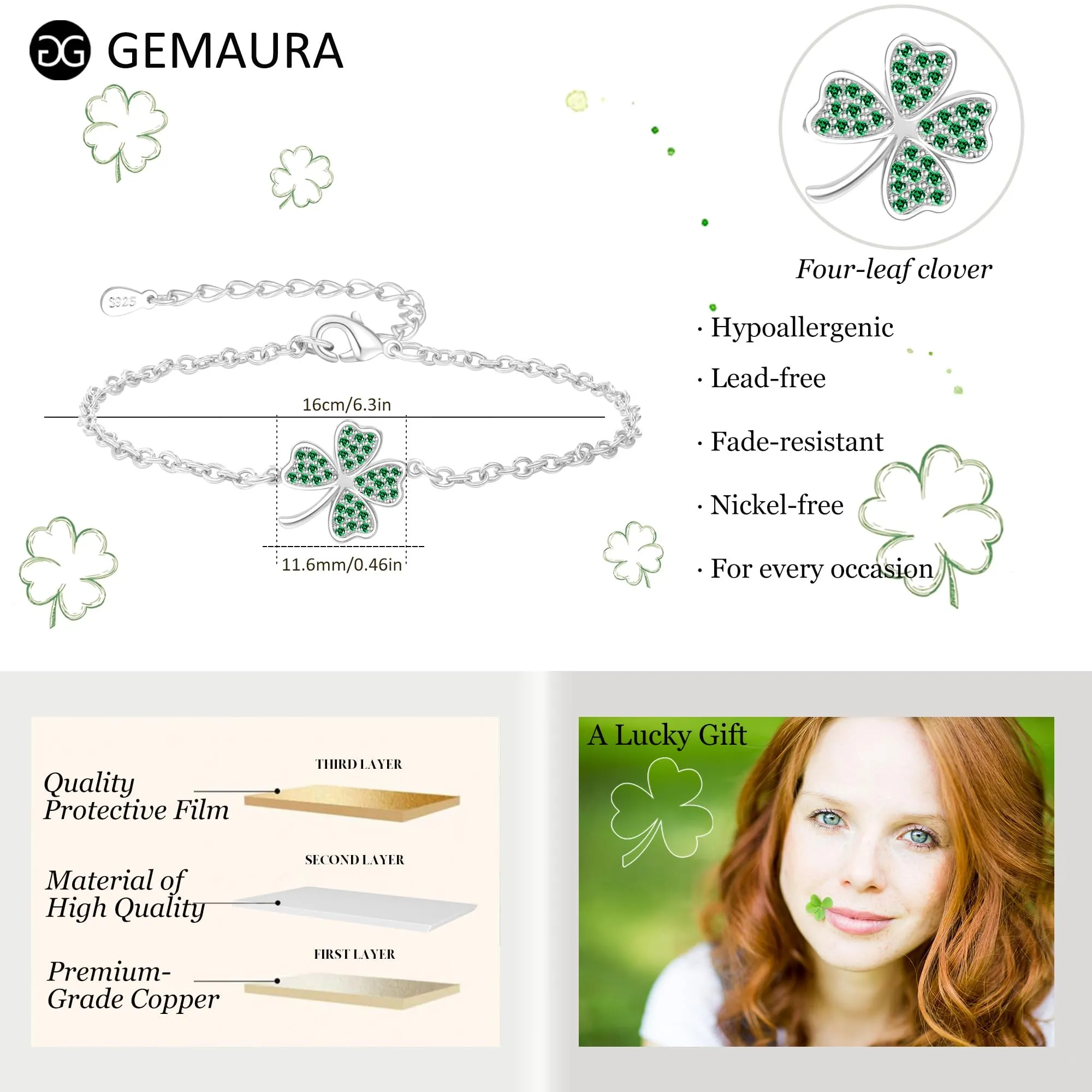 GEMAURA Braccialetto portafortuna da donna, con quadrifoglio, regolabile, regalo per donne e fidanzate, braccialetto dell’amicizia - immagine 6