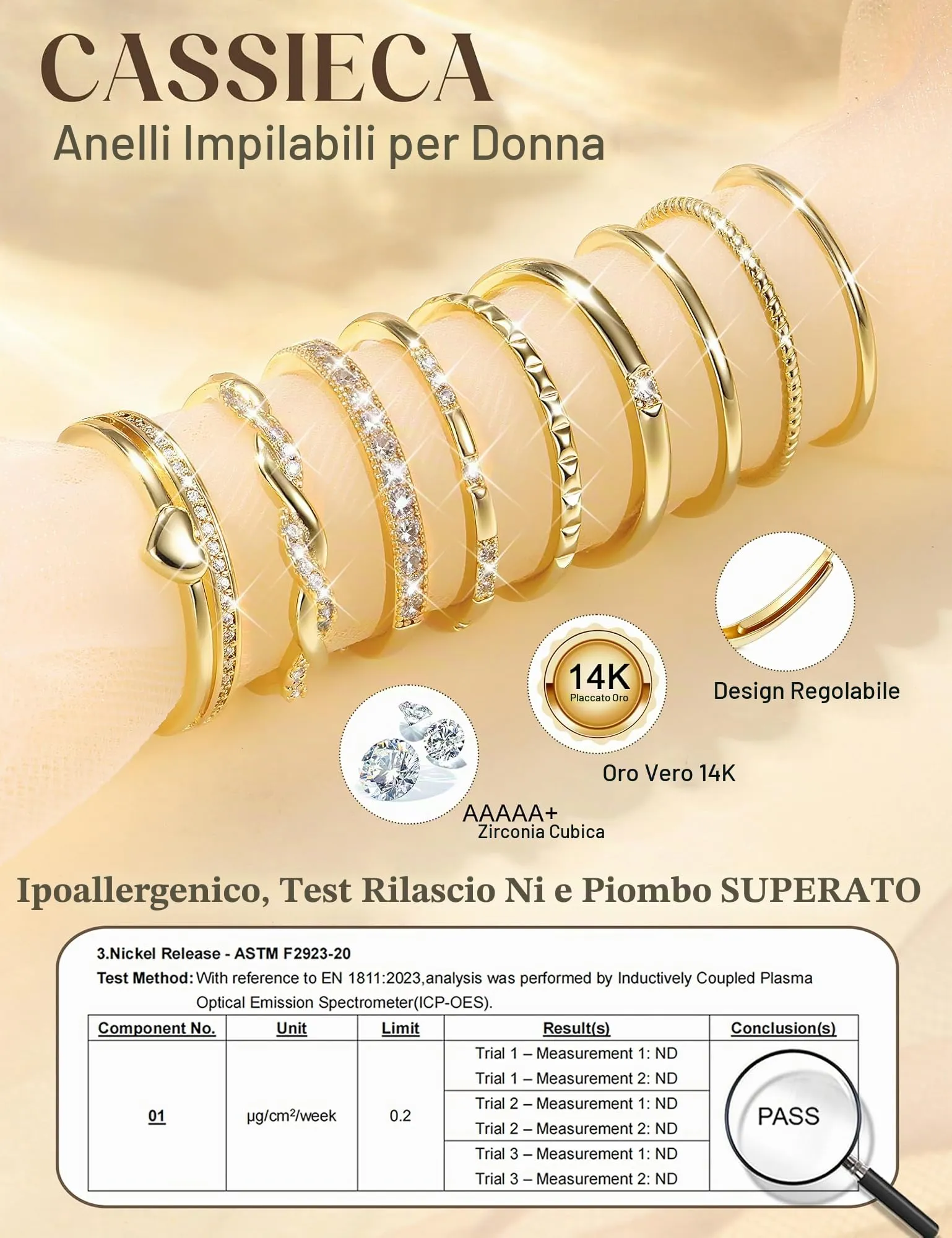 CASSIECA 9 Pezzi Anello Donna Anello Fidanzamento Placcato Or 14K - immagine 2