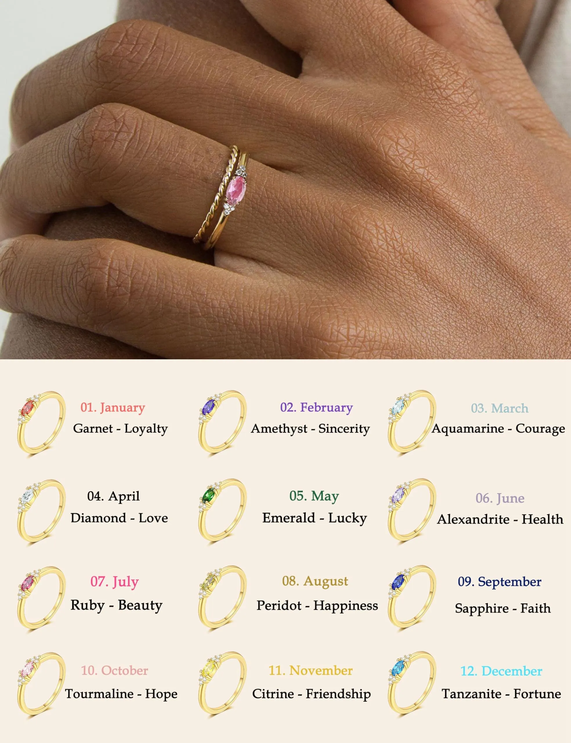 ZNBOH Anelli Donna Oro 18K con Pietra Portafortuna Anello con Acquamarina Ametista Citrino Diamante Simulato Zirconi Anello Mignolo Fedi Nuziali Fedine Fidanzamento Regalo Compleanno Anniversario - immagine 4