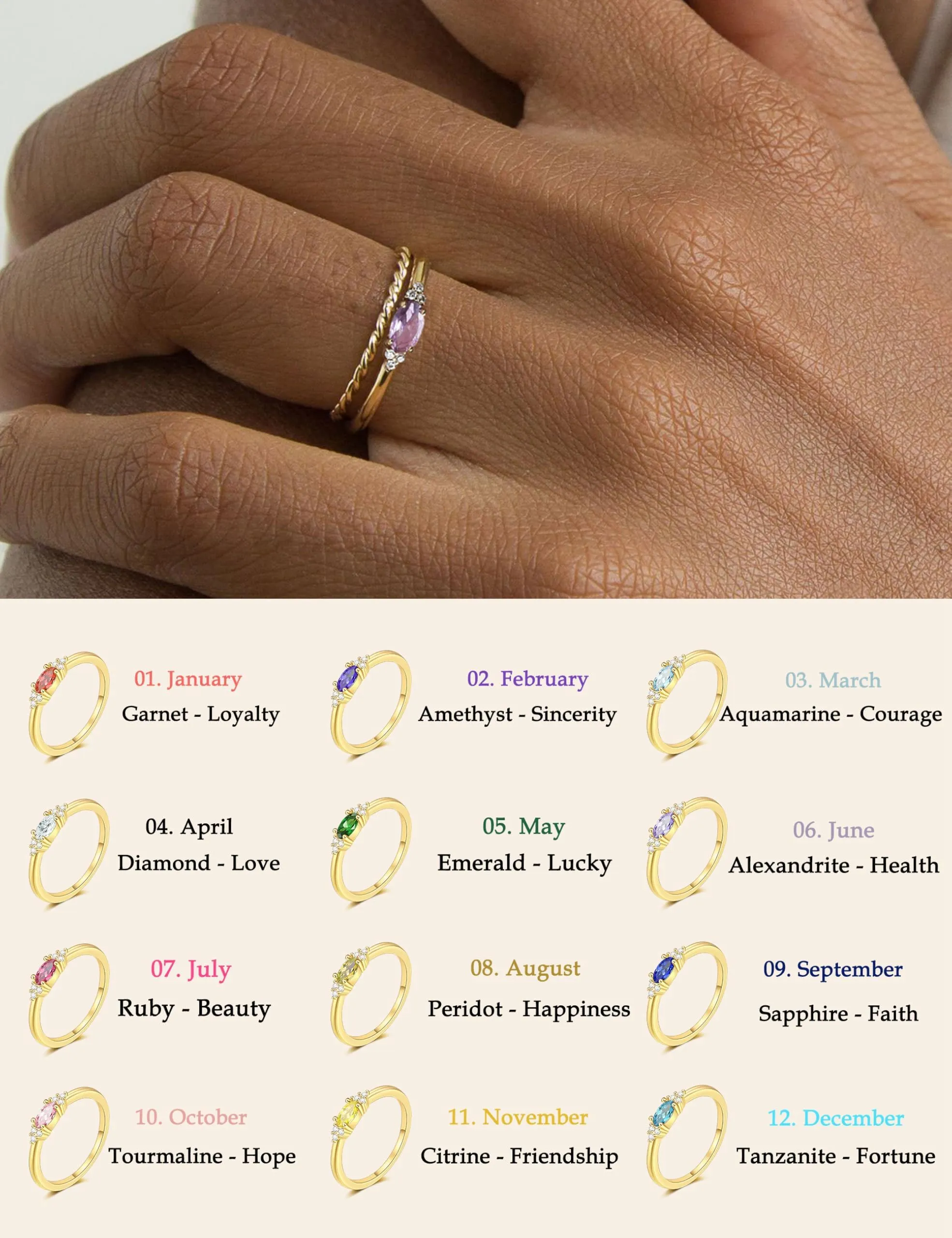 ZNBOH Anelli Donna Oro 18K con Pietra Portafortuna Anello con Acquamarina Ametista Citrino Diamante Simulato Zirconi Anello Mignolo Fedi Nuziali Fedine Fidanzamento Regalo Compleanno Anniversario - immagine 4