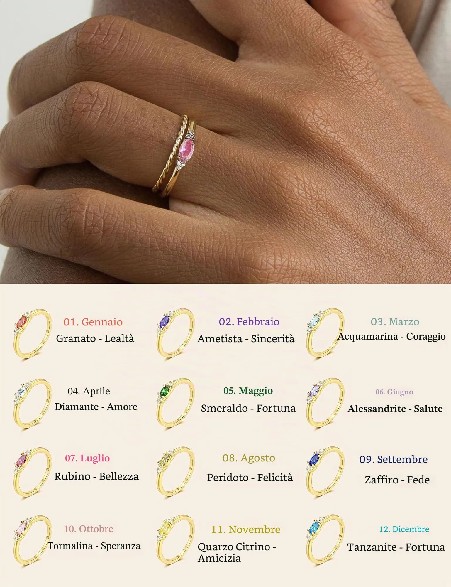 ZNBOH Anelli Donna Oro 18K con Pietra Portafortuna Anello con Acquamarina Ametista Citrino Diamante Simulato Zirconi Anello Mignolo Fedi Nuziali Fedine Fidanzamento Regalo Compleanno Anniversario - immagine 4