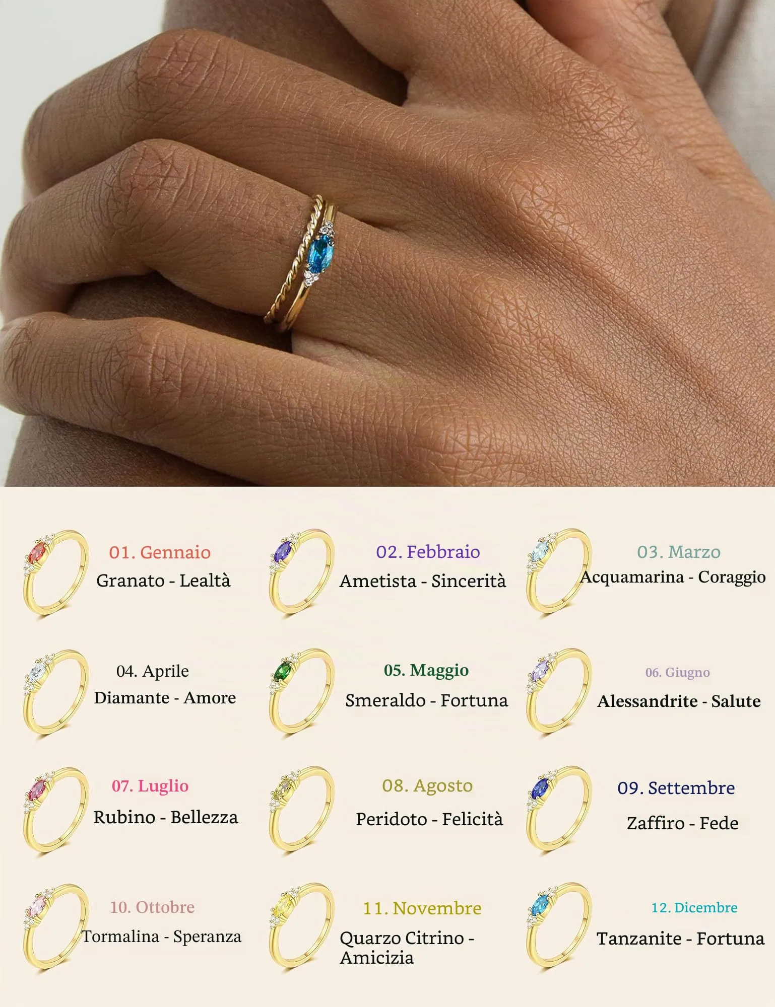 ZNBOH Anelli Donna Oro 18K con Pietra Portafortuna Anello con Acquamarina Ametista Citrino Diamante Simulato Zirconi Anello Mignolo Fedi Nuziali Fedine Fidanzamento Regalo Compleanno Anniversario - immagine 4