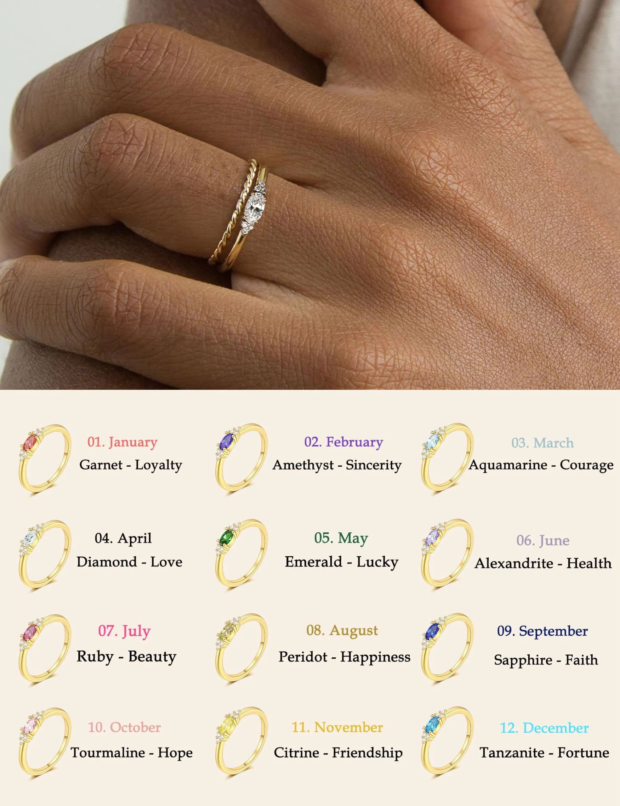 ZNBOH Anelli Donna Oro 18K con Pietra Portafortuna Anello con Acquamarina Ametista Citrino Diamante Simulato Zirconi Anello Mignolo Fedi Nuziali Fedine Fidanzamento Regalo Compleanno Anniversario - immagine 4