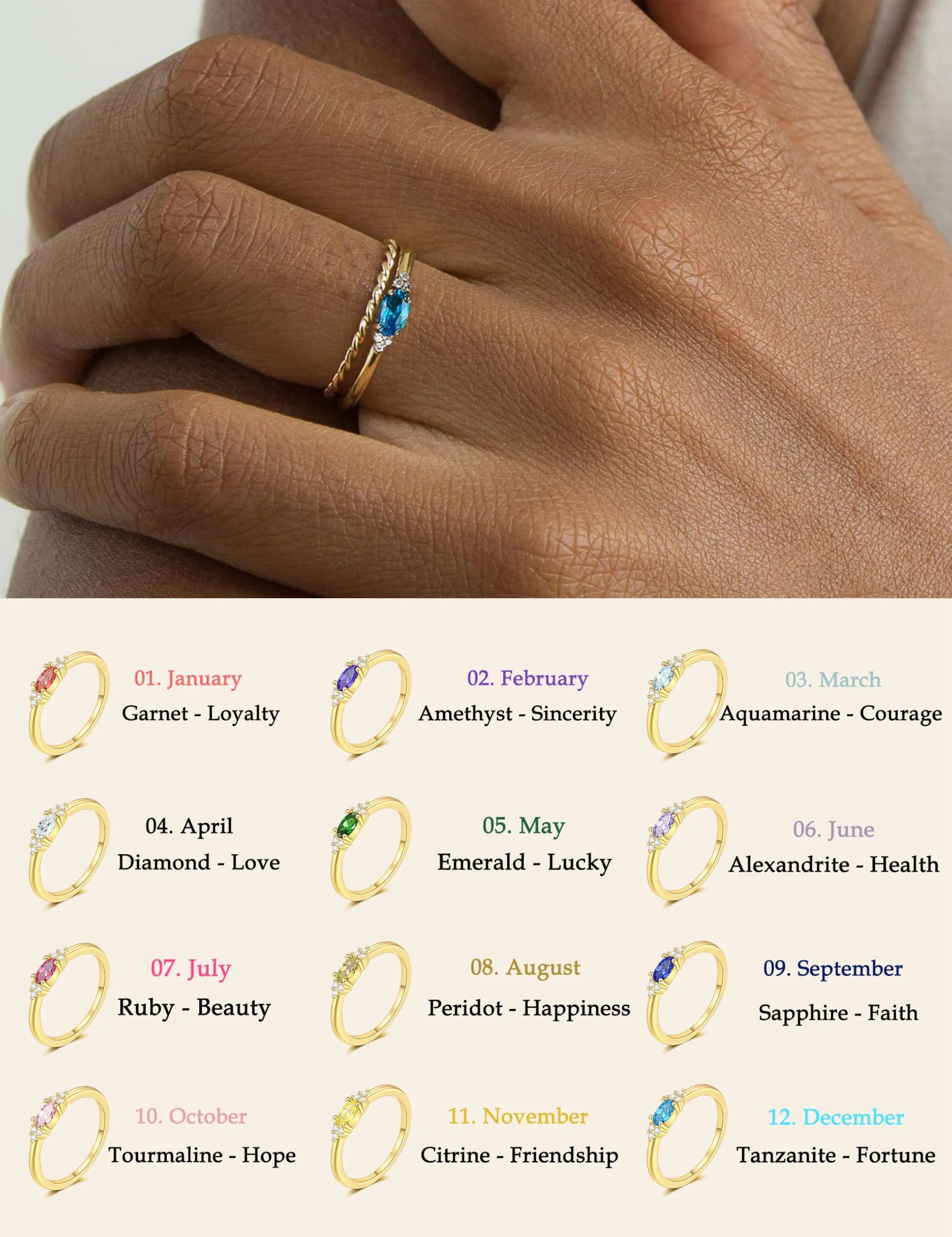 ZNBOH Anelli Donna Oro 18K con Pietra Portafortuna Anello con Acquamarina Ametista Citrino Diamante Simulato Zirconi Anello Mignolo Fedi Nuziali Fedine Fidanzamento Regalo Compleanno Anniversario - immagine 4