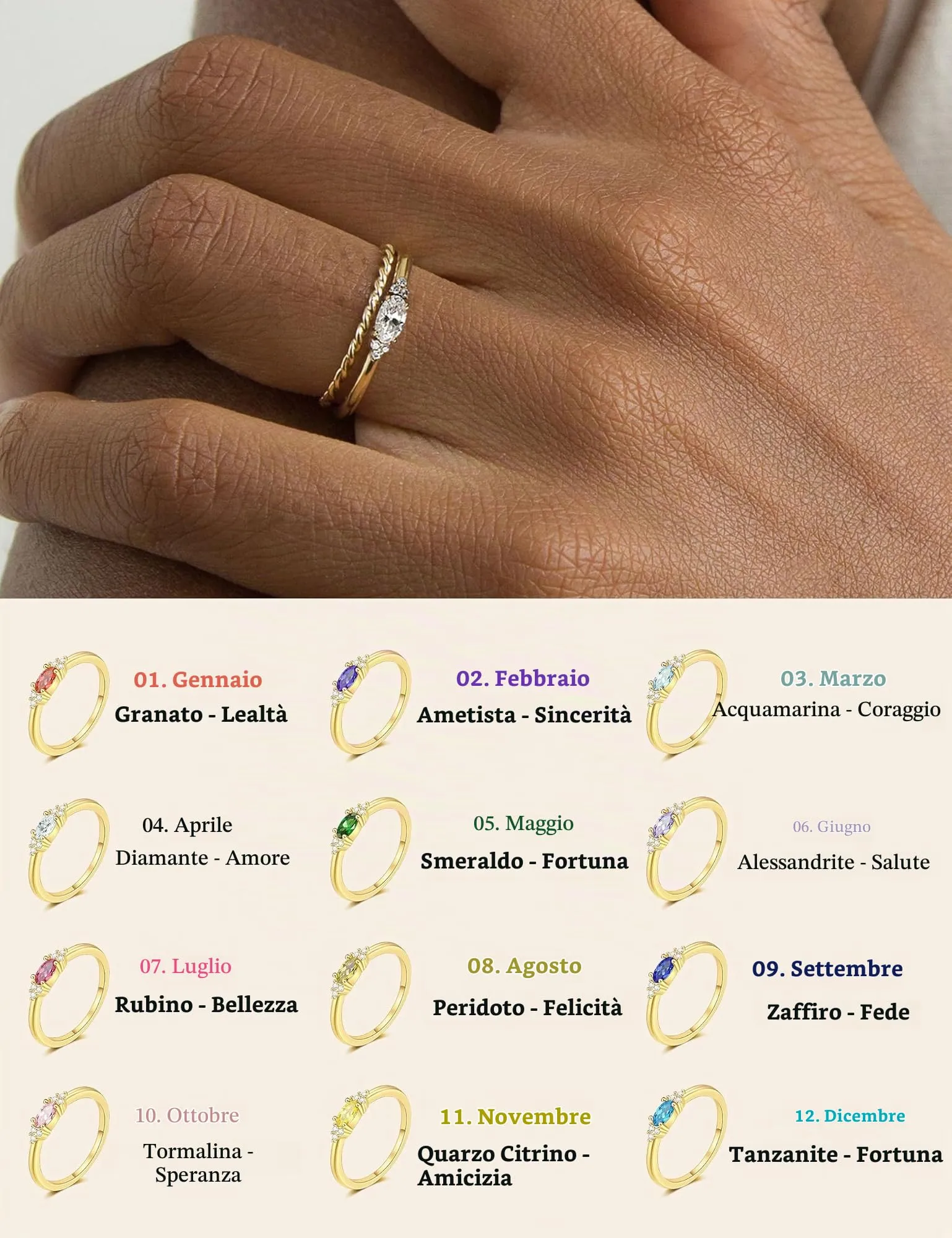 ZNBOH Anelli Donna Oro 18K con Pietra Portafortuna Anello con Acquamarina Ametista Citrino Diamante Simulato Zirconi Anello Mignolo Fedi Nuziali Fedine Fidanzamento Regalo Compleanno Anniversario - immagine 4