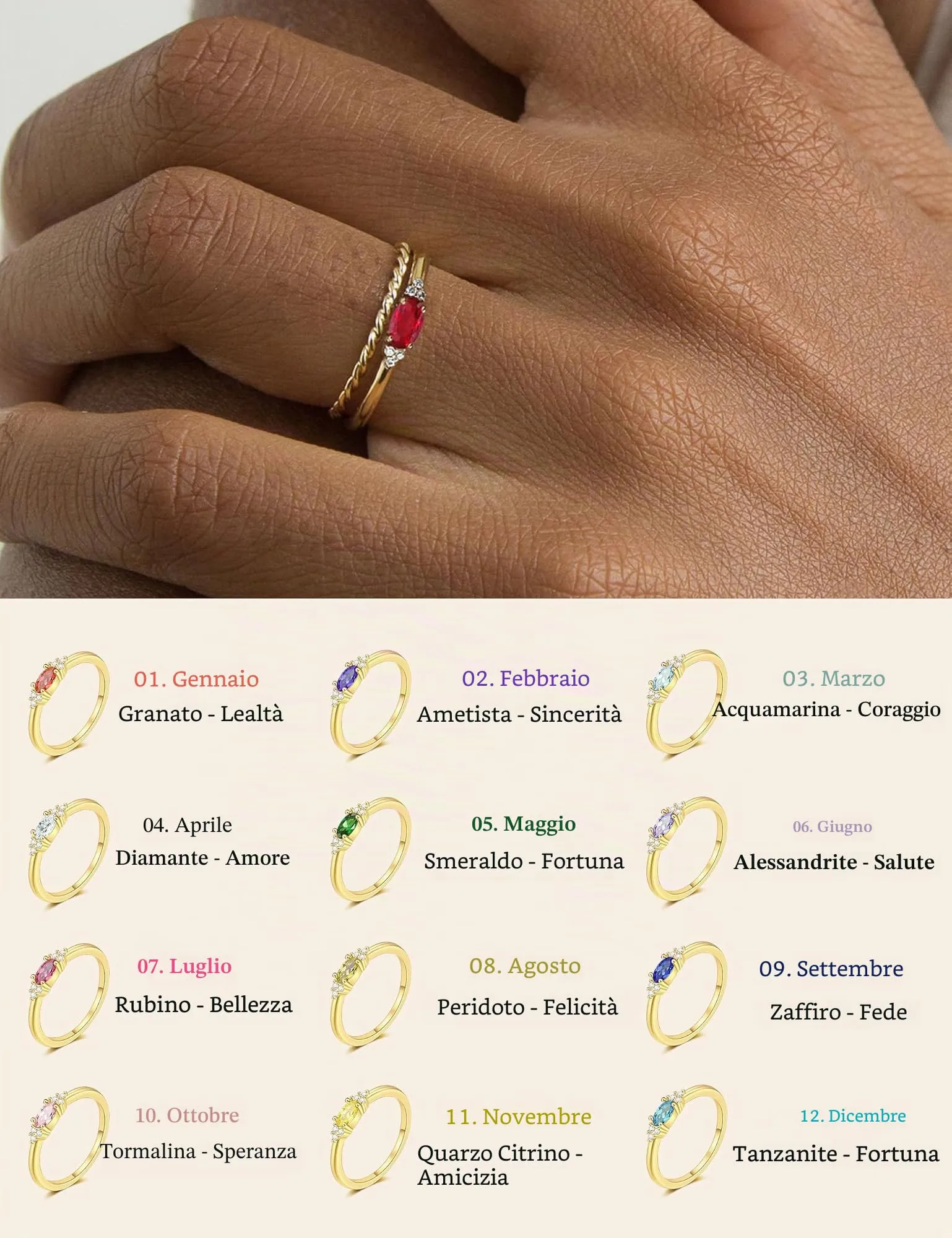 ZNBOH Anelli Donna Oro 18K con Pietra Portafortuna Anello con Acquamarina Ametista Citrino Diamante Simulato Zirconi Anello Mignolo Fedi Nuziali Fedine Fidanzamento Regalo Compleanno Anniversario - immagine 4