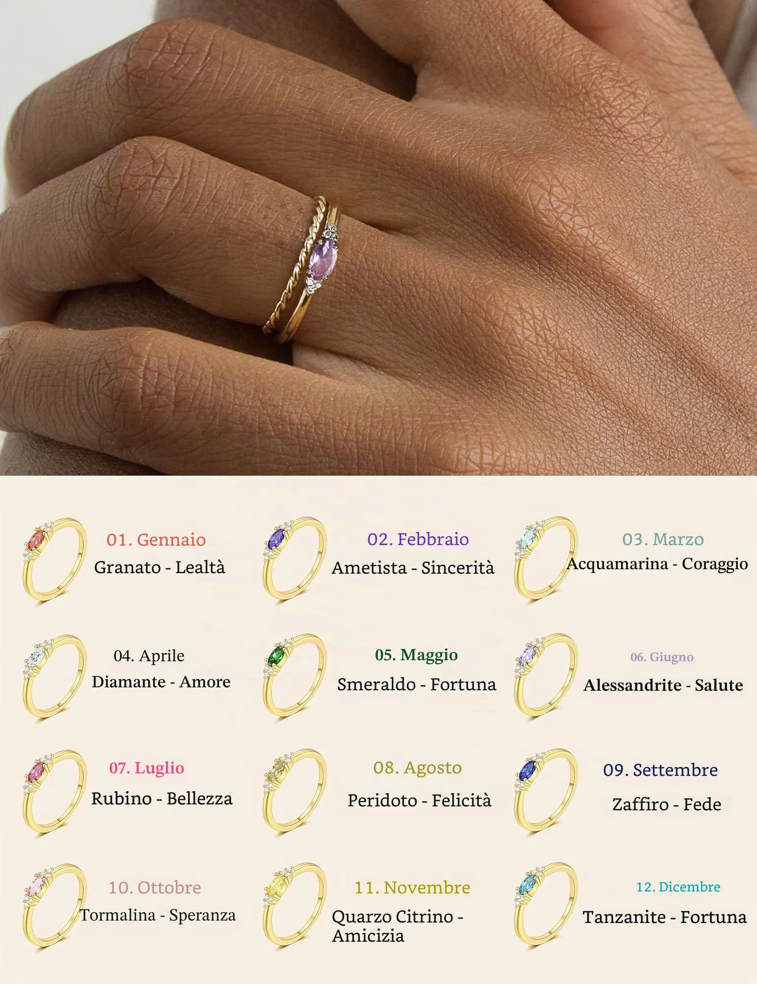 ZNBOH Anelli Donna Oro 18K con Pietra Portafortuna Anello con Acquamarina Ametista Citrino Diamante Simulato Zirconi Anello Mignolo Fedi Nuziali Fedine Fidanzamento Regalo Compleanno Anniversario - immagine 4