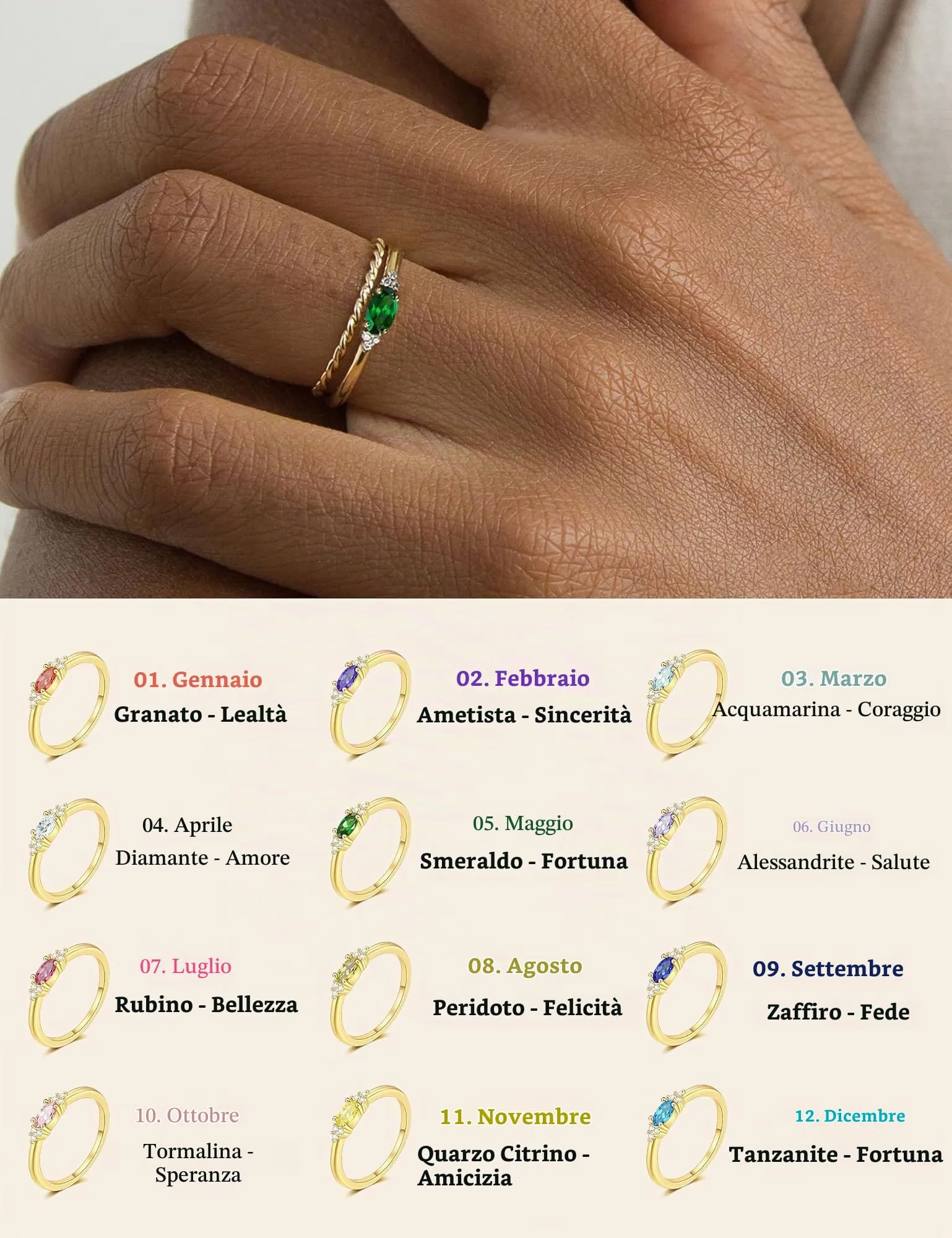 ZNBOH Anelli Donna Oro 18K con Pietra Portafortuna Anello con Acquamarina Ametista Citrino Diamante Simulato Zirconi Anello Mignolo Fedi Nuziali Fedine Fidanzamento Regalo Compleanno Anniversario - immagine 4