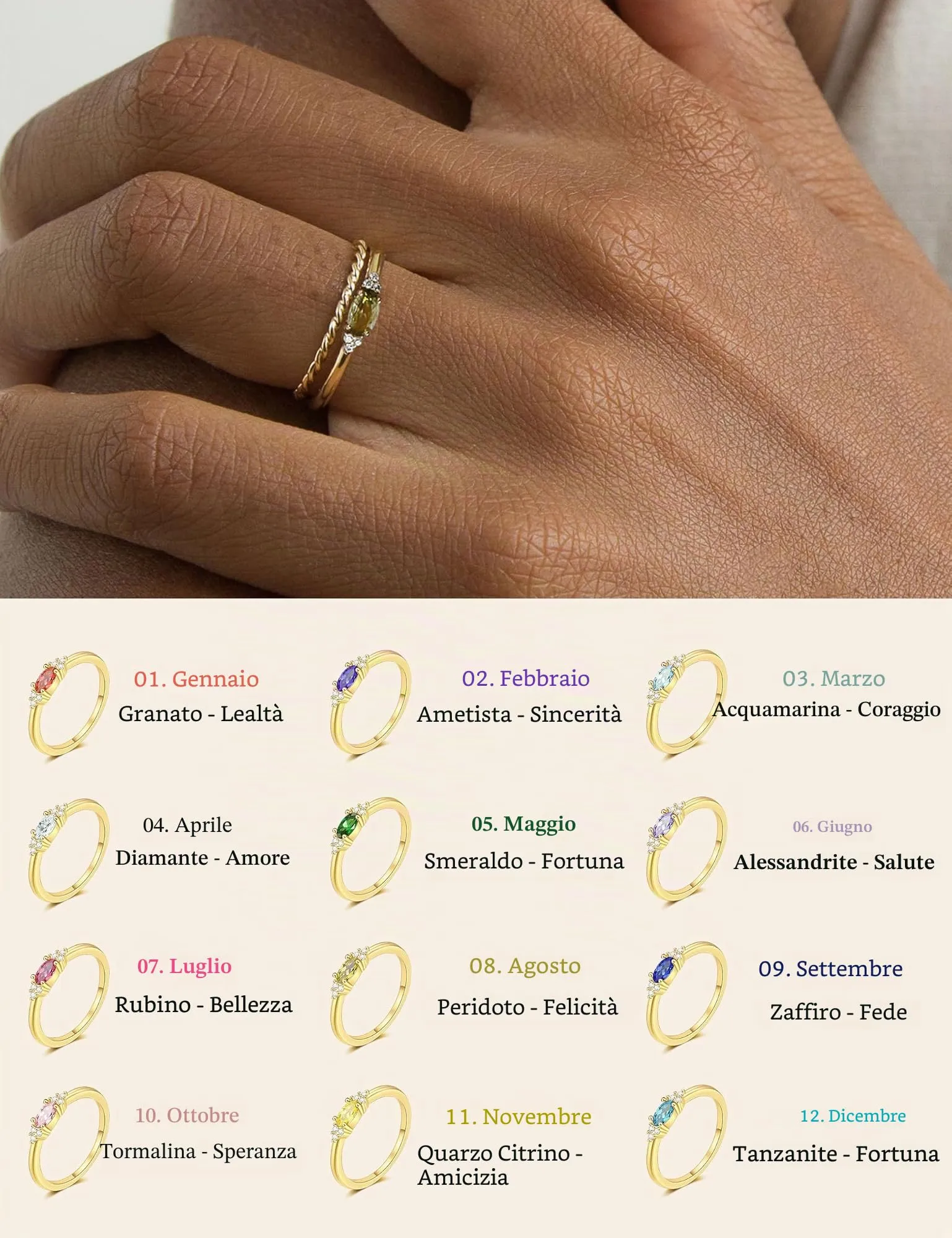 ZNBOH Anelli Donna Oro 18K con Pietra Portafortuna Anello con Acquamarina Ametista Citrino Diamante Simulato Zirconi Anello Mignolo Fedi Nuziali Fedine Fidanzamento Regalo Compleanno Anniversario - immagine 4