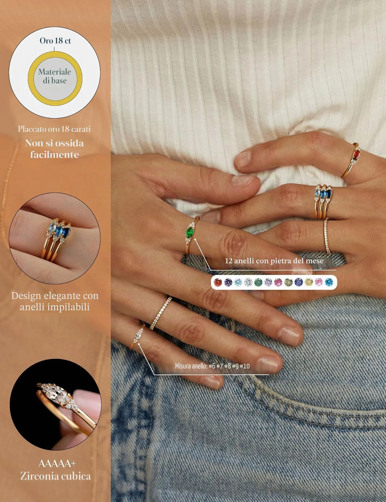 ZNBOH Anelli Donna Oro 18K con Pietra Portafortuna Anello con Acquamarina Ametista Citrino Diamante Simulato Zirconi Anello Mignolo Fedi Nuziali Fedine Fidanzamento Regalo Compleanno Anniversario - immagine 7