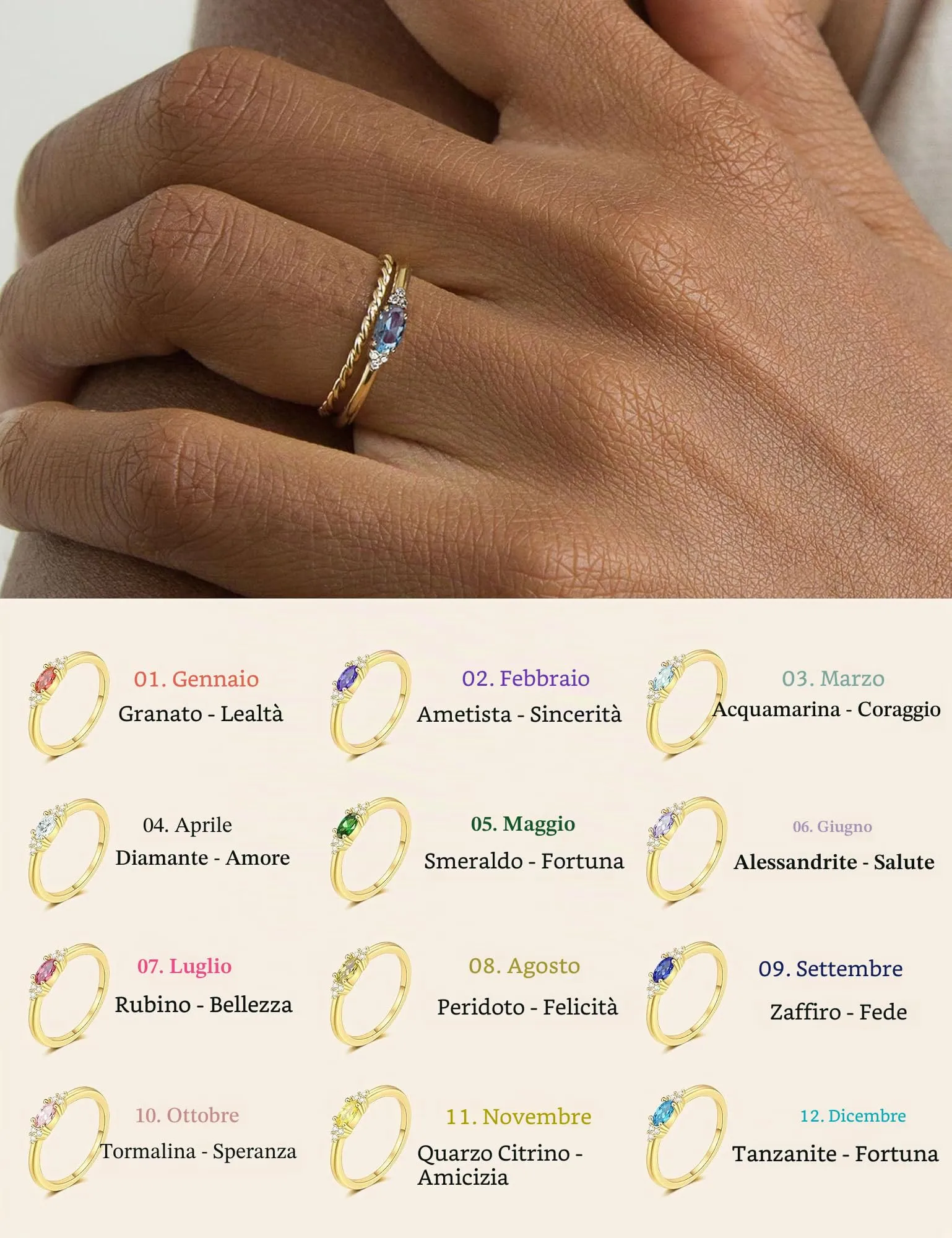 ZNBOH Anelli Donna Oro 18K con Pietra Portafortuna Anello con Acquamarina Ametista Citrino Diamante Simulato Zirconi Anello Mignolo Fedi Nuziali Fedine Fidanzamento Regalo Compleanno Anniversario - immagine 4