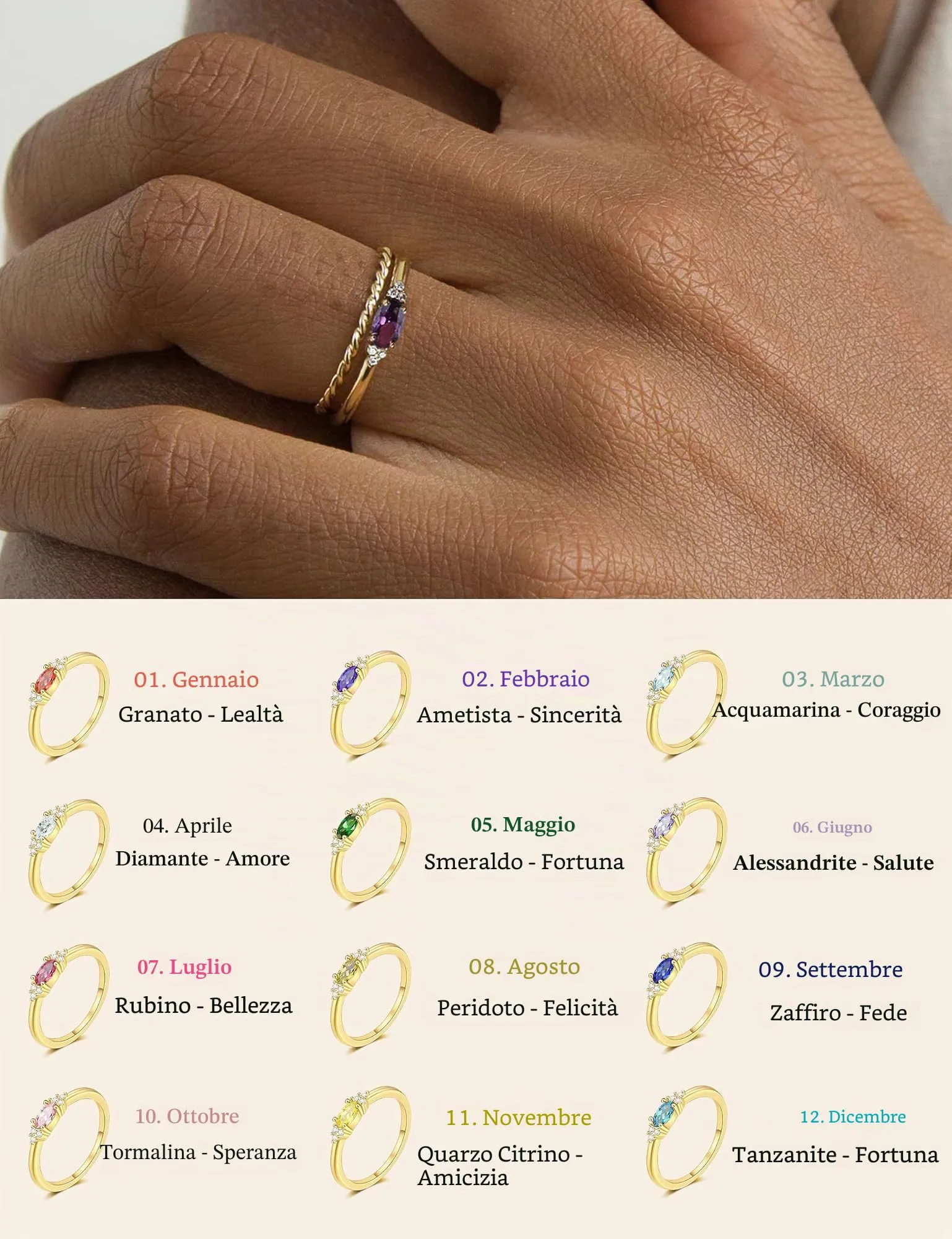 ZNBOH Anelli Donna Oro 18K con Pietra Portafortuna Anello con Acquamarina Ametista Citrino Diamante Simulato Zirconi Anello Mignolo Fedi Nuziali Fedine Fidanzamento Regalo Compleanno Anniversario - immagine 4
