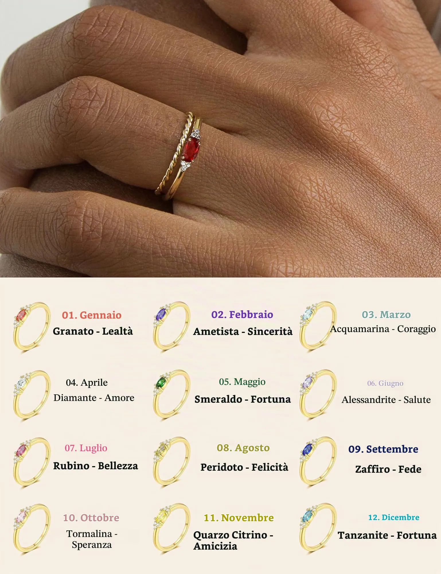 ZNBOH Anelli Donna Oro 18K con Pietra Portafortuna Anello con Acquamarina Ametista Citrino Diamante Simulato Zirconi Anello Mignolo Fedi Nuziali Fedine Fidanzamento Regalo Compleanno Anniversario - immagine 4