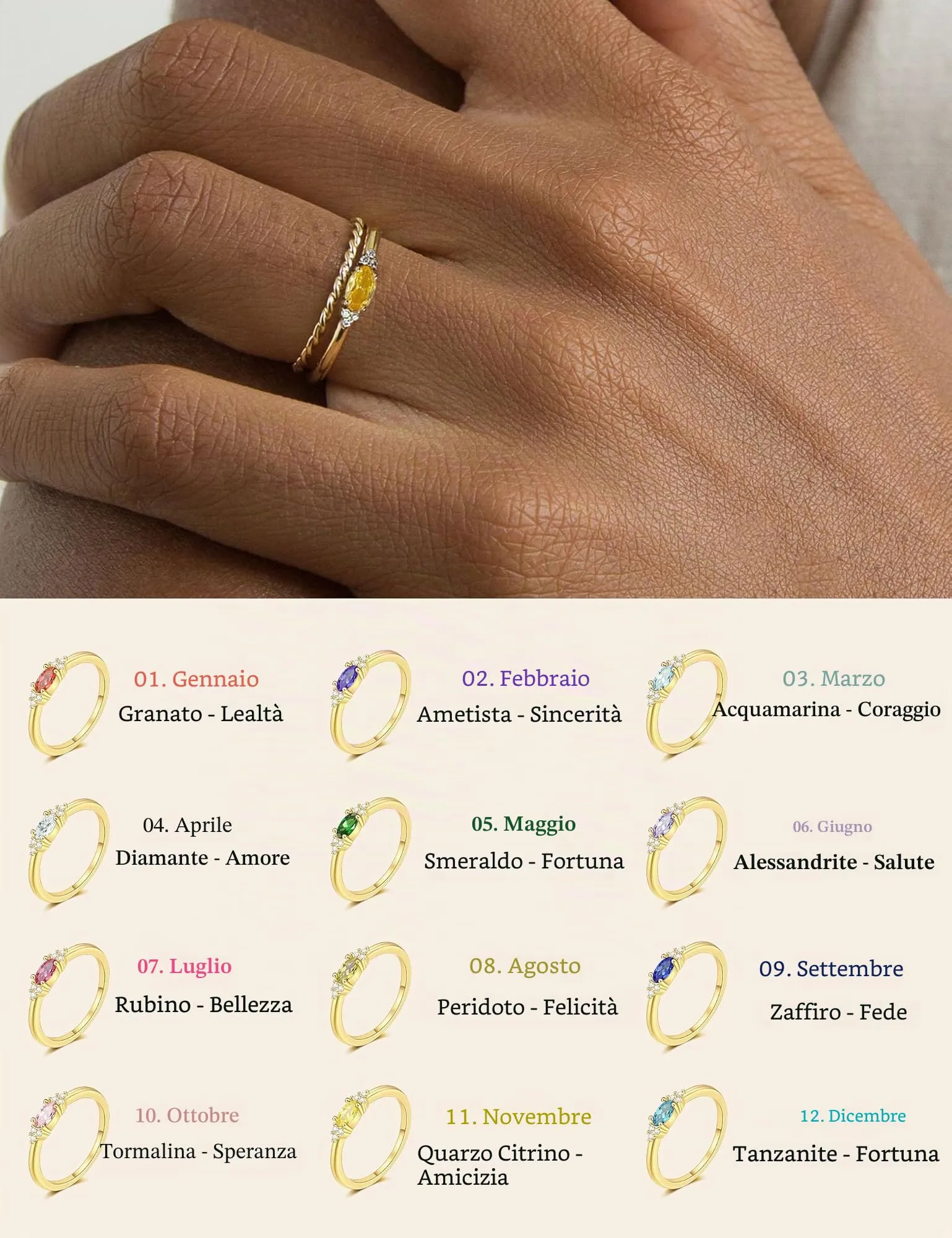 ZNBOH Anelli Donna Oro 18K con Pietra Portafortuna Anello con Acquamarina Ametista Citrino Diamante Simulato Zirconi Anello Mignolo Fedi Nuziali Fedine Fidanzamento Regalo Compleanno Anniversario - immagine 4