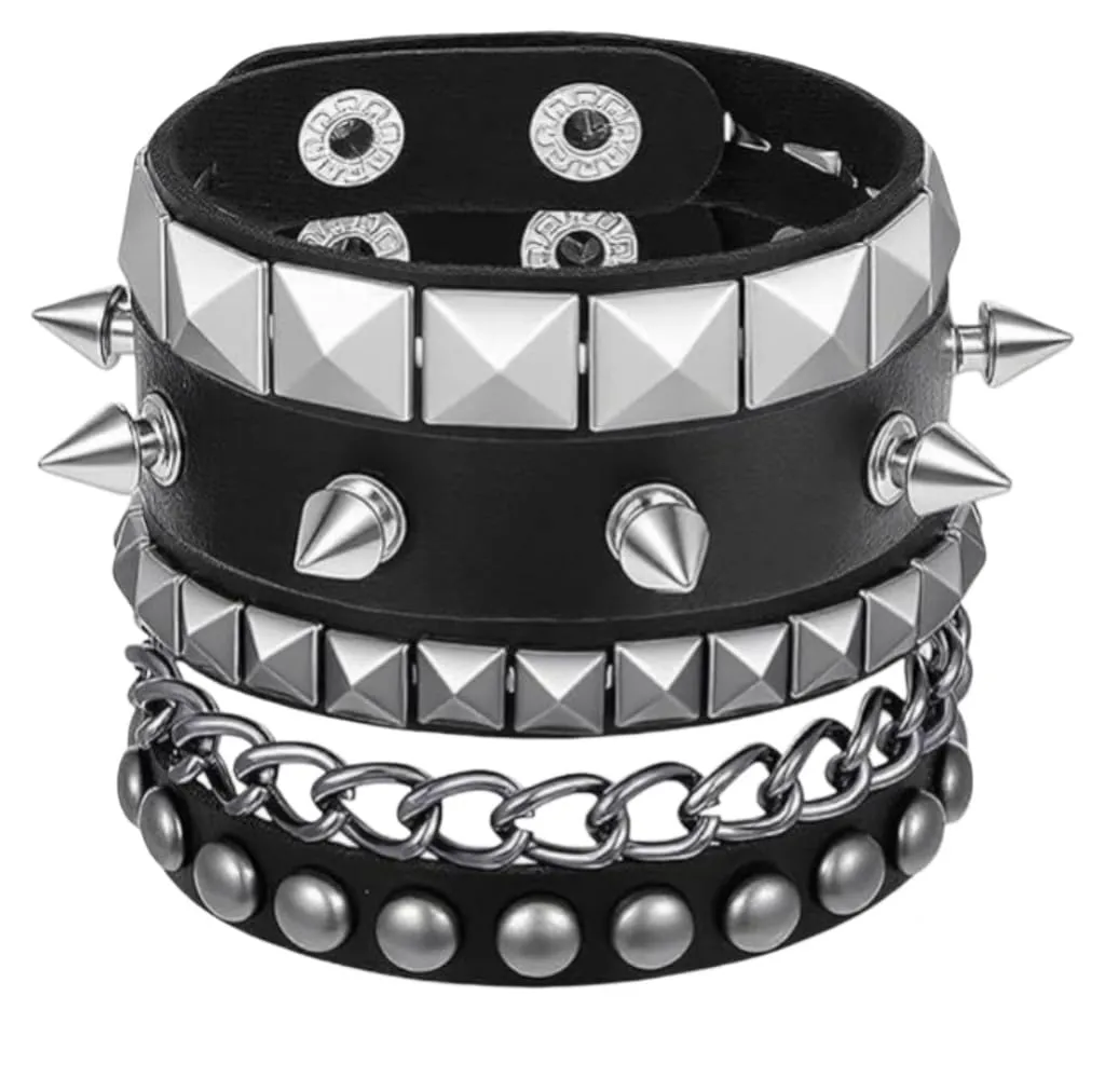Bracciale Punk Rock Gotico in Pelle PU con Catena, Chiodi, Spike e Rivetti - Polsino Regolabile per Uomo e Donna, Stile Biker - immagine 1
