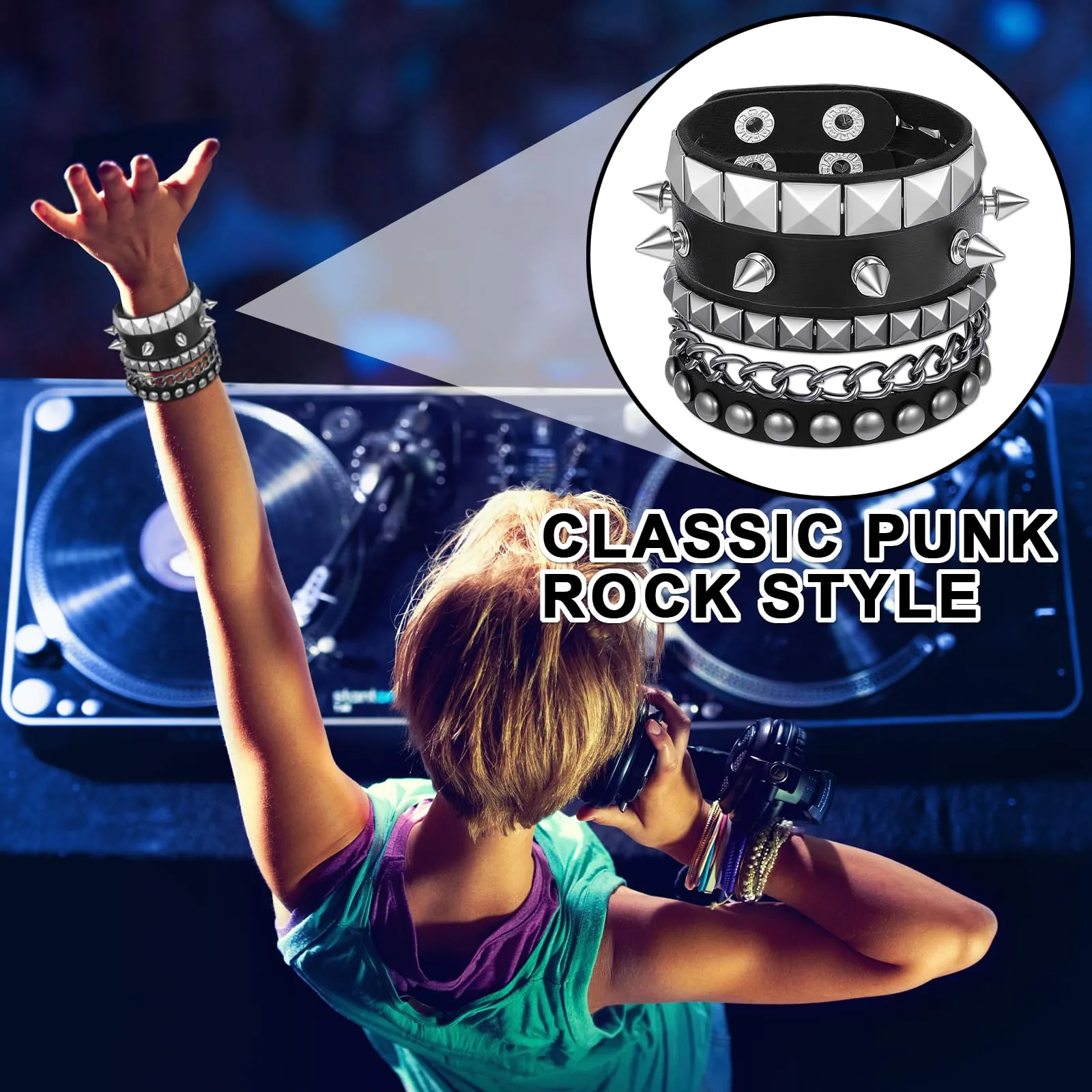 Bracciale Punk Rock Gotico in Pelle PU con Catena, Chiodi, Spike e Rivetti - Polsino Regolabile per Uomo e Donna, Stile Biker - immagine 2