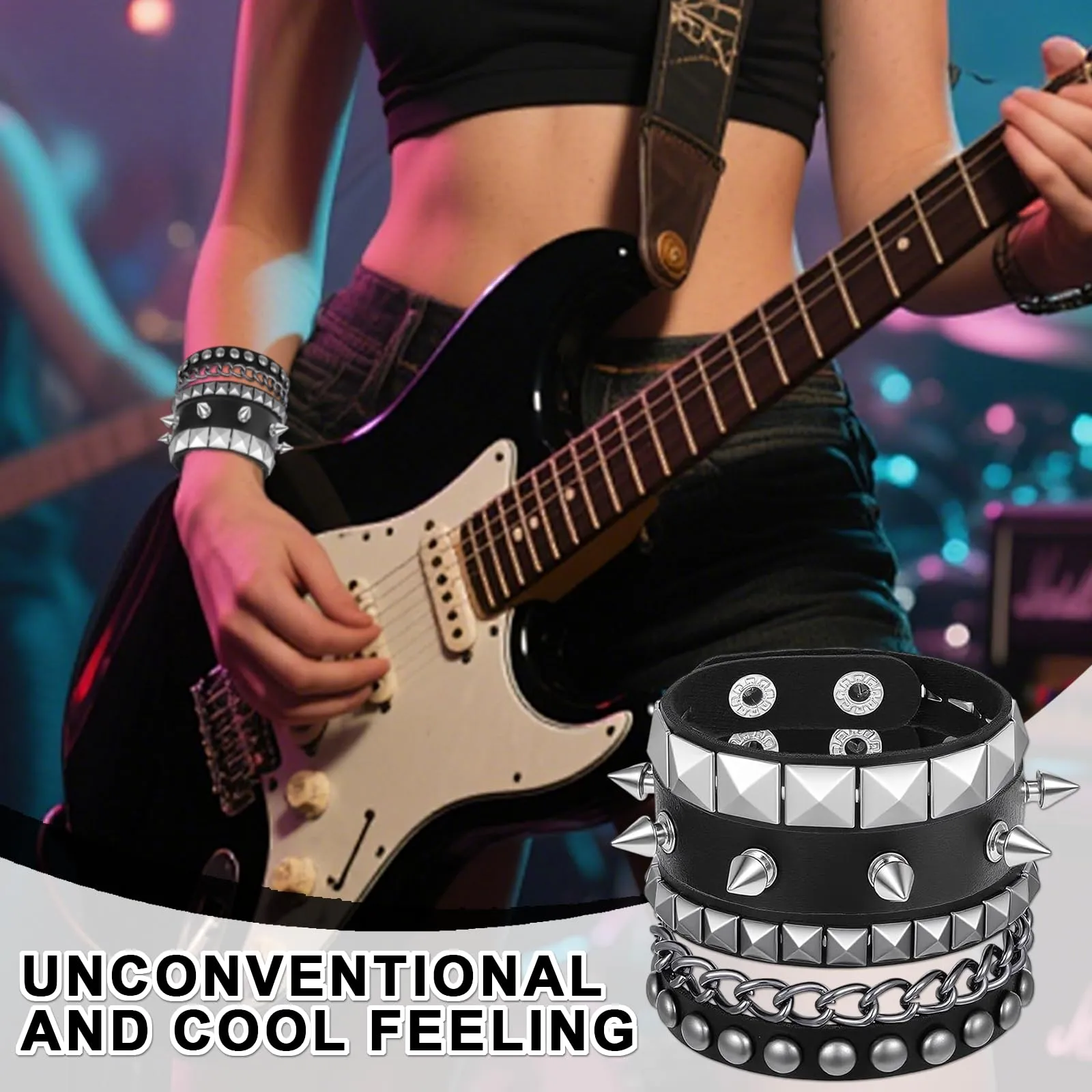Bracciale Punk Rock Gotico in Pelle PU con Catena, Chiodi, Spike e Rivetti - Polsino Regolabile per Uomo e Donna, Stile Biker - immagine 3