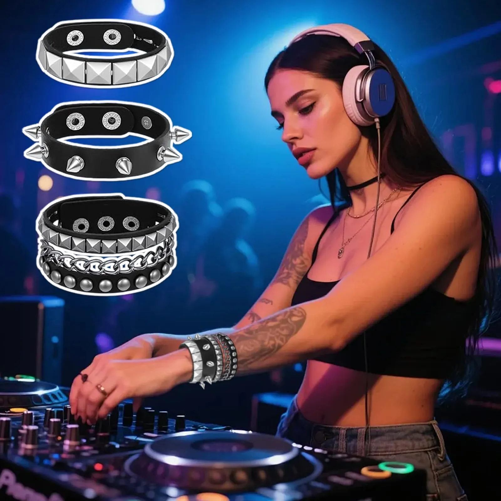 Bracciale Punk Rock Gotico in Pelle PU con Catena, Chiodi, Spike e Rivetti - Polsino Regolabile per Uomo e Donna, Stile Biker - immagine 4