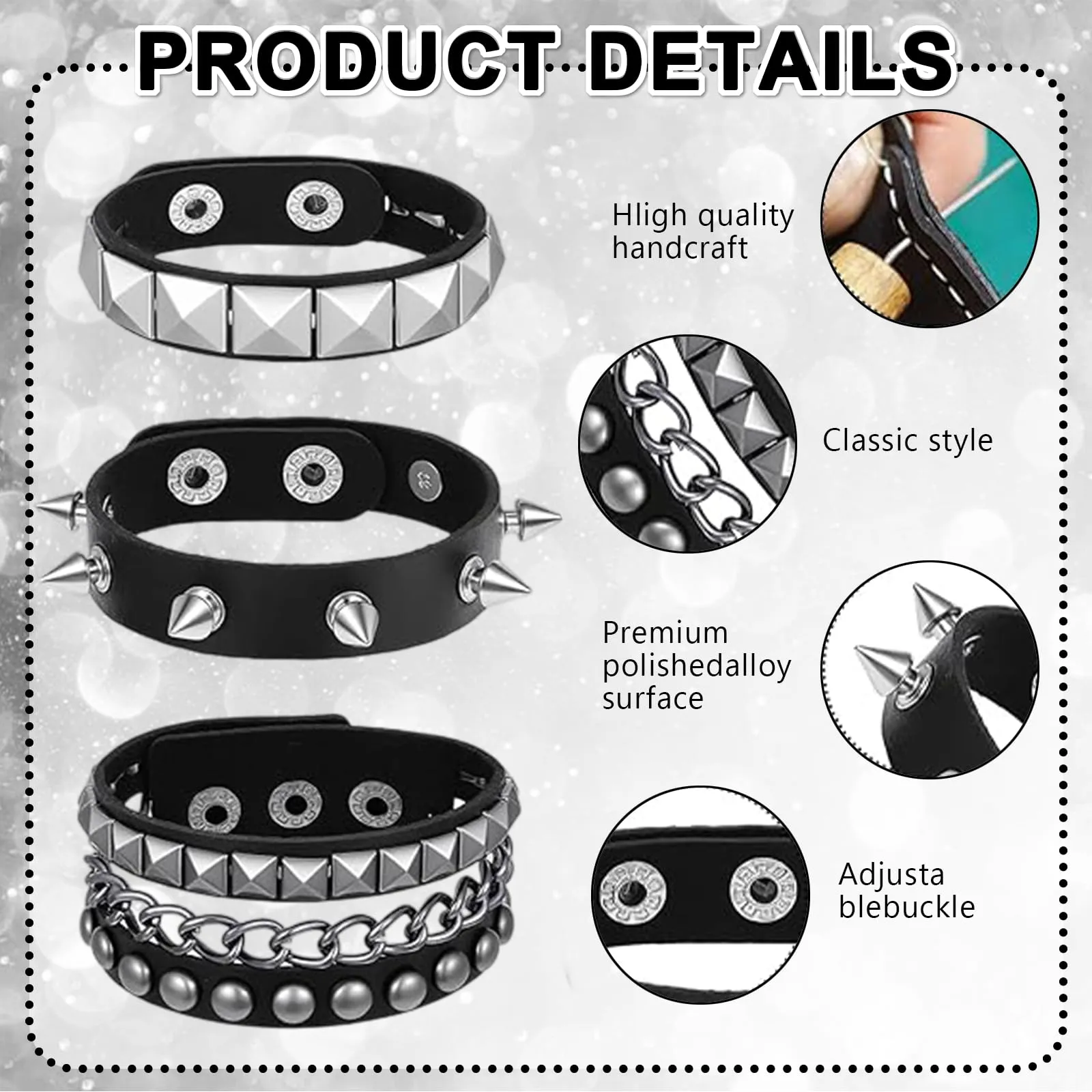 Bracciale Punk Rock Gotico in Pelle PU con Catena, Chiodi, Spike e Rivetti - Polsino Regolabile per Uomo e Donna, Stile Biker - immagine 5
