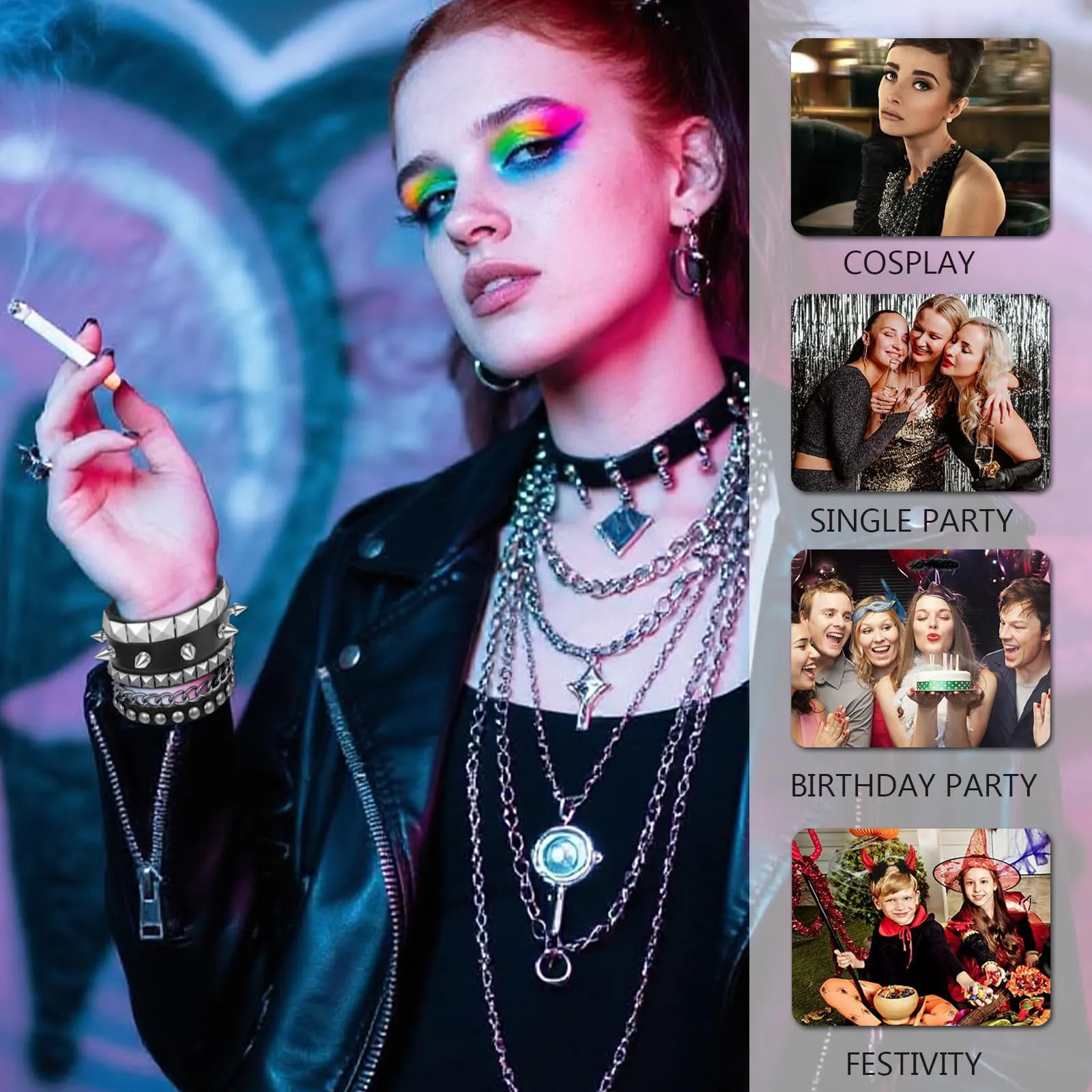 Bracciale Punk Rock Gotico in Pelle PU con Catena, Chiodi, Spike e Rivetti - Polsino Regolabile per Uomo e Donna, Stile Biker - immagine 7