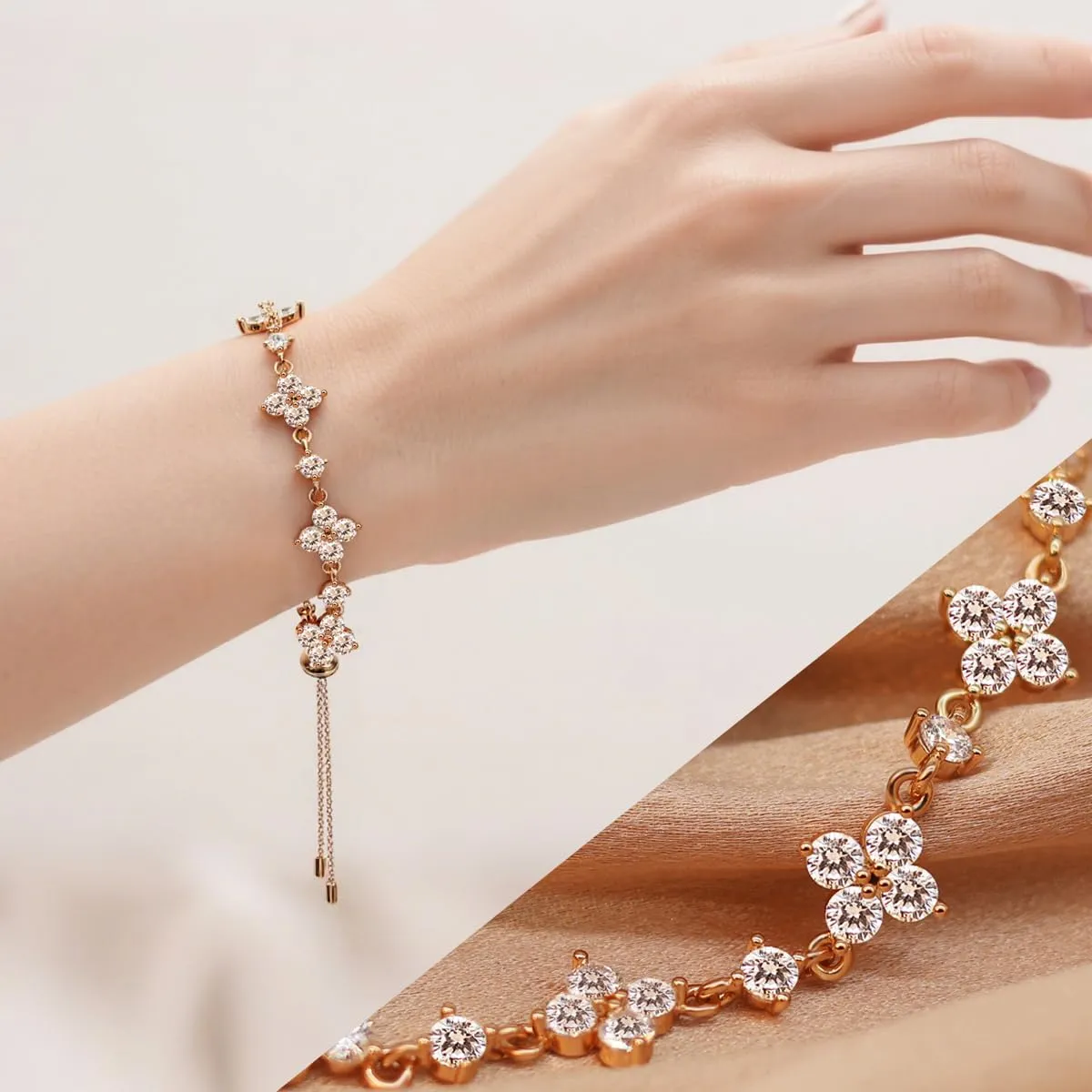 FEIKFEIZ Braccialetto con moissanite, in diamante moissanite coltivato in laboratorio, placcato in oro rosa 18K, bracciale trifoglio regolabile, regalo per donna. - immagine 2