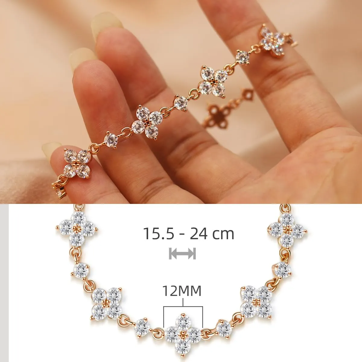 FEIKFEIZ Braccialetto con moissanite, in diamante moissanite coltivato in laboratorio, placcato in oro rosa 18K, bracciale trifoglio regolabile, regalo per donna. - immagine 4