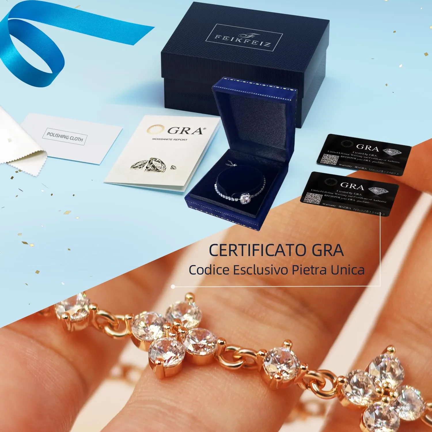 FEIKFEIZ Braccialetto con moissanite, in diamante moissanite coltivato in laboratorio, placcato in oro rosa 18K, bracciale trifoglio regolabile, regalo per donna. - immagine 6