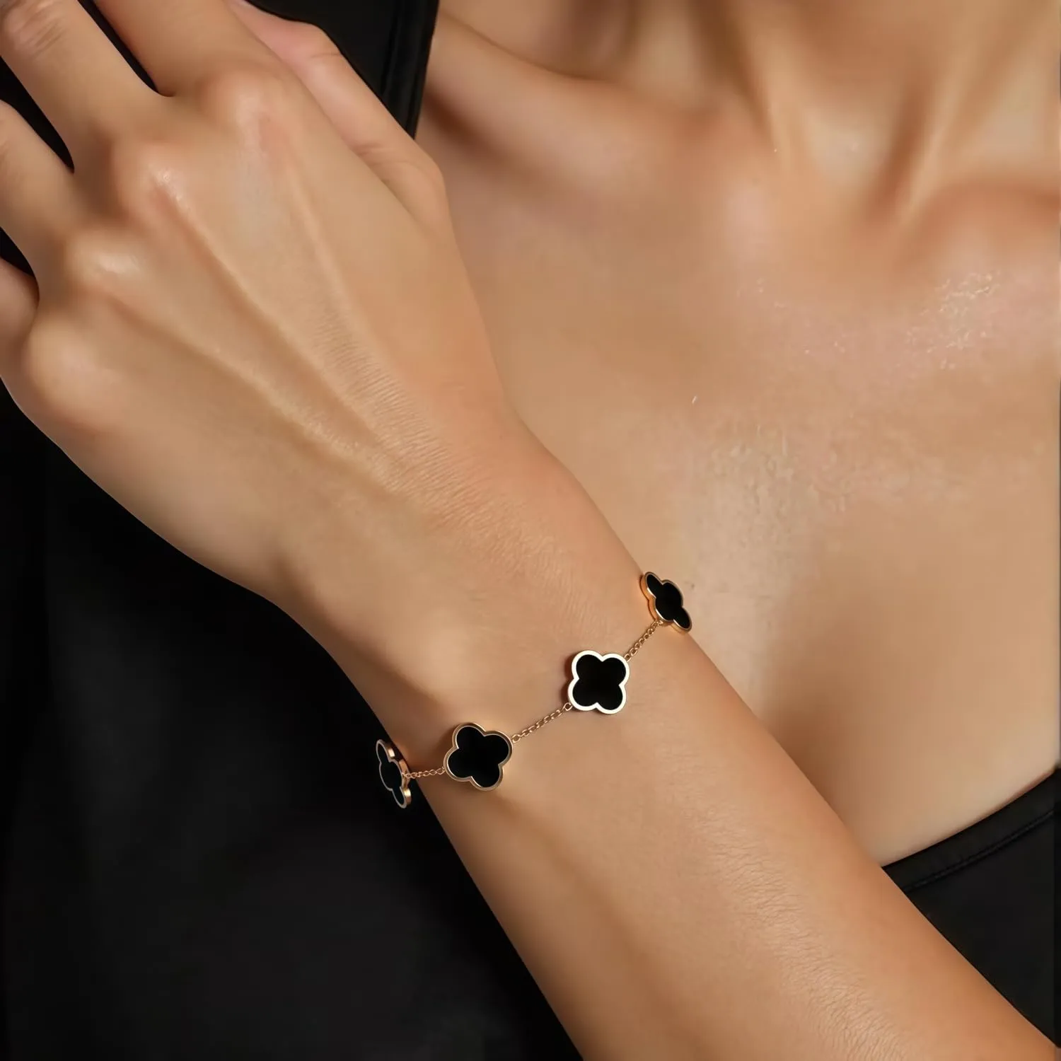 PulangRen Bracciale da Donna con Quadrifoglio, in Acciaio Inox, alla Moda, Idee Regalo Donna Mamma Amica Sorelle Regali Natale Donna Regalo Compleanno Anniversario San Valentino per Lei (Nero) - immagine 4