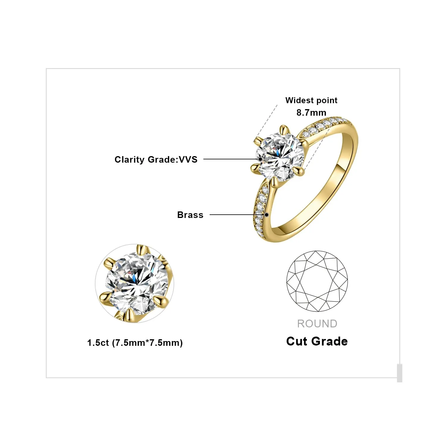 JewelryPalace 1.5ct Classico Anello Solitario Donna placcato oro giallo 14K con Creato Moissanite, Diamante Simulato Anelli Dorati con Pietre Laterali, Fedine Fidanzamento Oro Set Gioielli Donna 8 - immagine 2