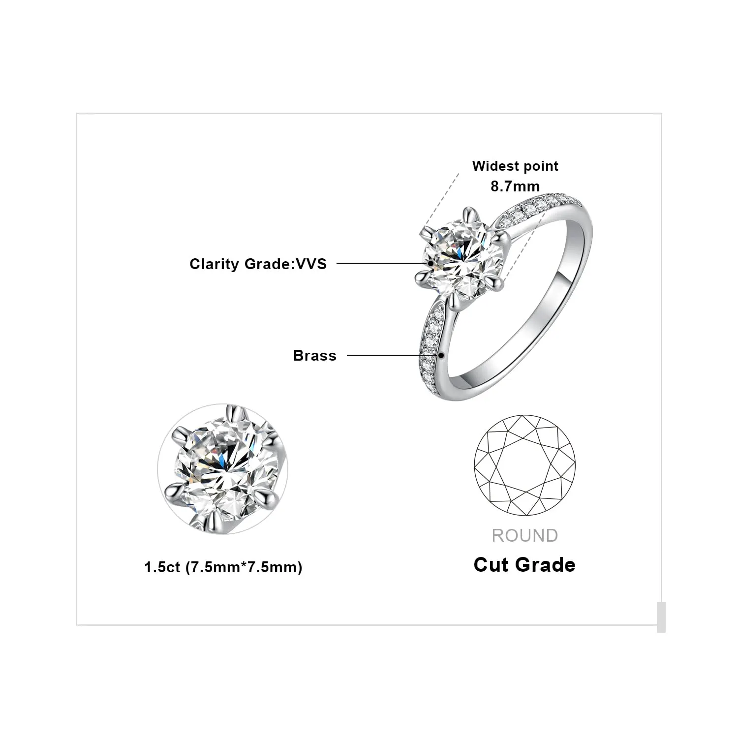JewelryPalace 1.5ct Classico Anello Solitario Donna placcato oro bianco 14K con Creato Moissanite, Diamante Simulato Anelli con Pietre Laterali, Semplice Fedine Fidanzamento Set Gioielli Donna 16 - immagine 2