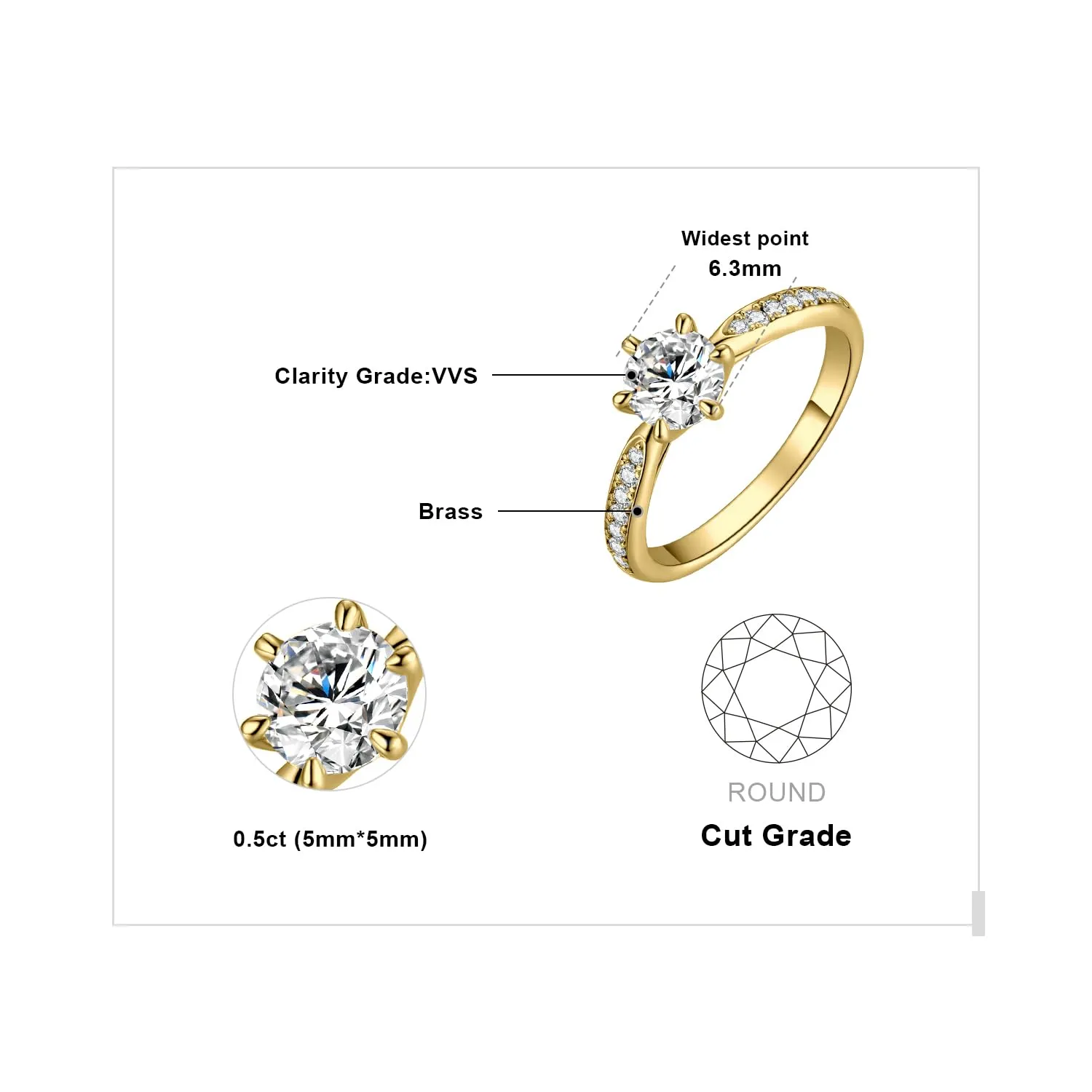 JewelryPalace 0.5ct Classico Anello Solitario Donna placcato oro giallo 14K con Creato Moissanite, Diamante Simulato Anelli Dorati con Pietre Laterali, Fedine Fidanzamento Oro Set Gioielli Donna 18.5 - immagine 2