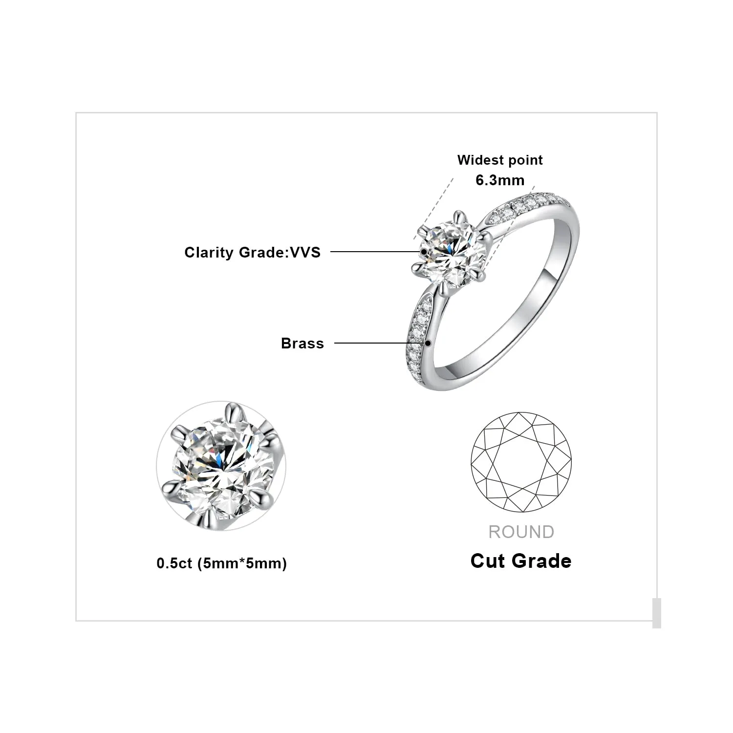 JewelryPalace 0.5ct Classico Anello Solitario Donna placcato oro bianco 14K con Creato Moissanite, Diamante Simulato Anelli con Pietre Laterali, Semplice Fedine Fidanzamento Set Gioielli Donna 19.5 - immagine 2