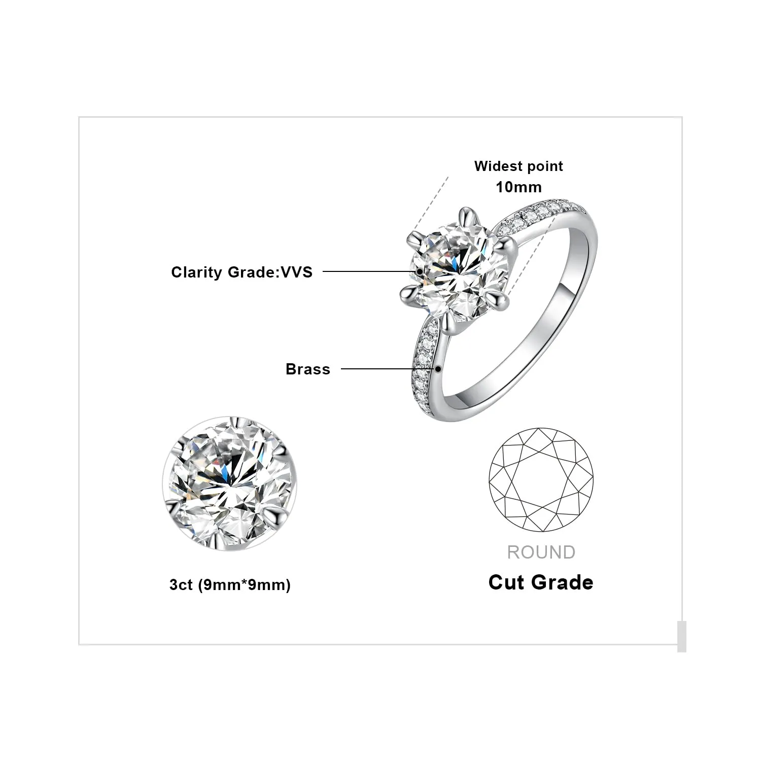 JewelryPalace 3ct Classico Anello Solitario placcato oro bianco 14K con Moissanite, Diamante Simulato Anelli con Pietre Laterali, Smeplice Fedine Fidanzamento e Anniversario Set Gioielli Donna 11.5 - immagine 2